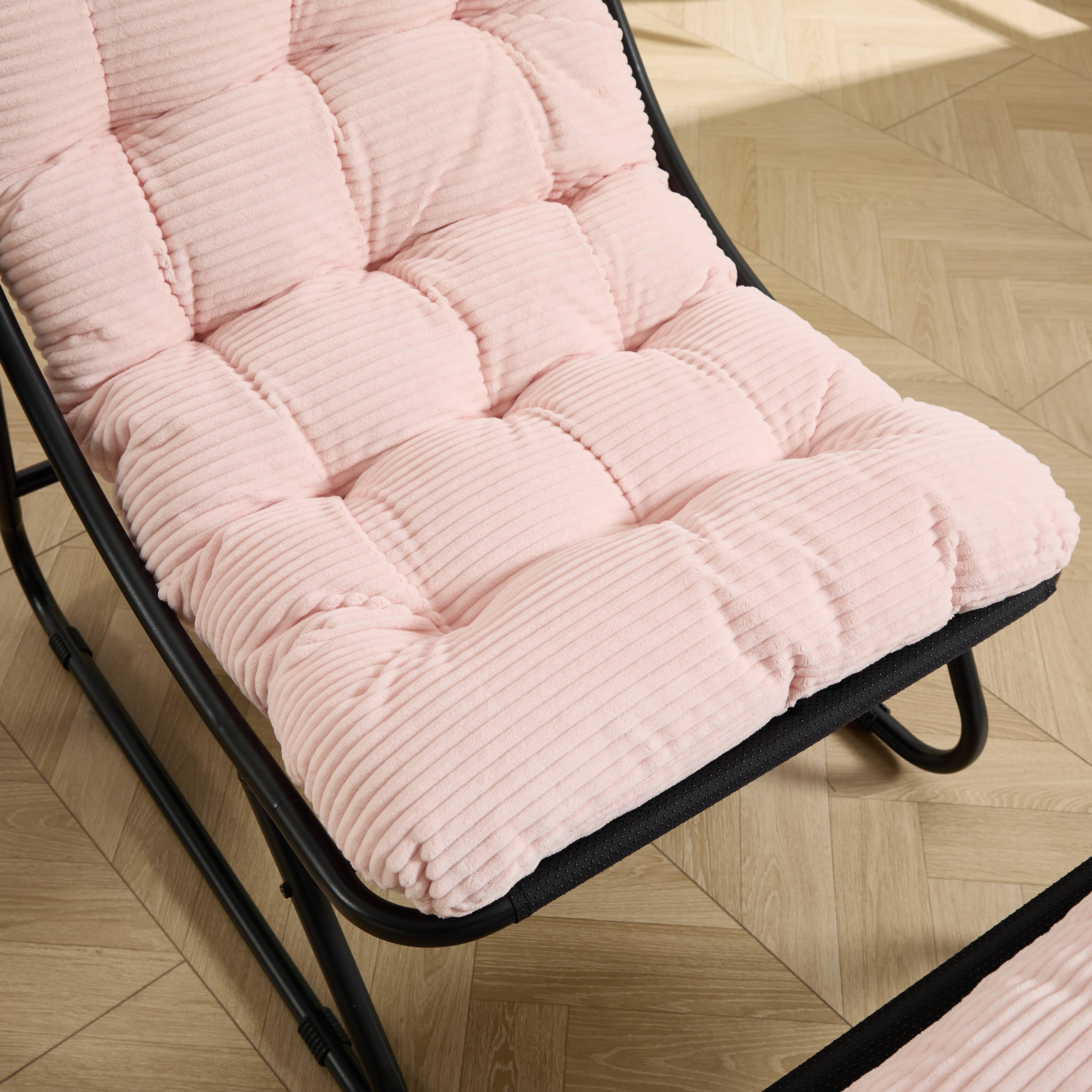 Fauteuil de terrasse inclinable avec ottoman cadre noir coussin rose moelleux pour salon chambre et salle de lecture - Image 3