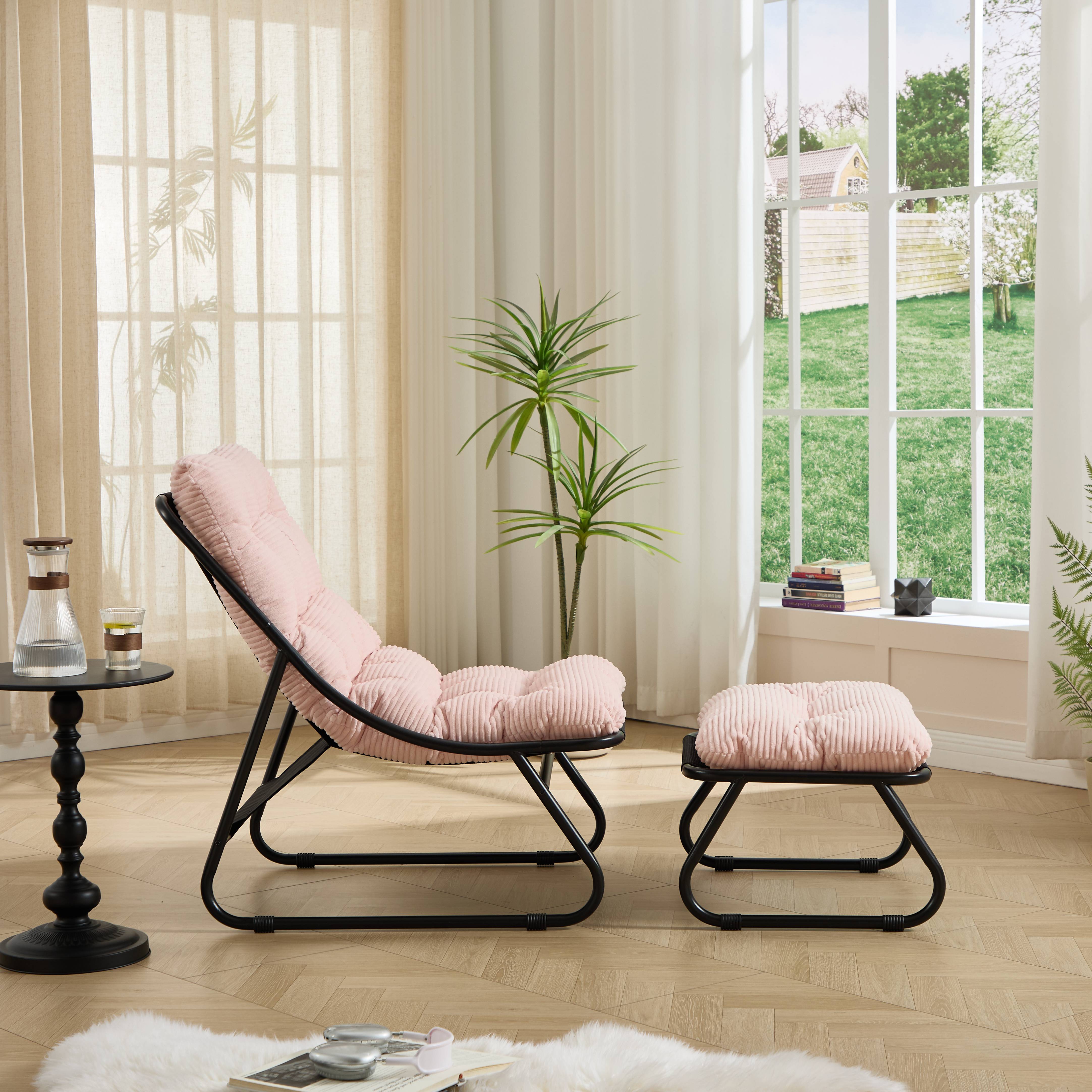 Fauteuil de terrasse inclinable avec ottoman cadre noir coussin rose moelleux pour salon chambre et salle de lecture - Image 4