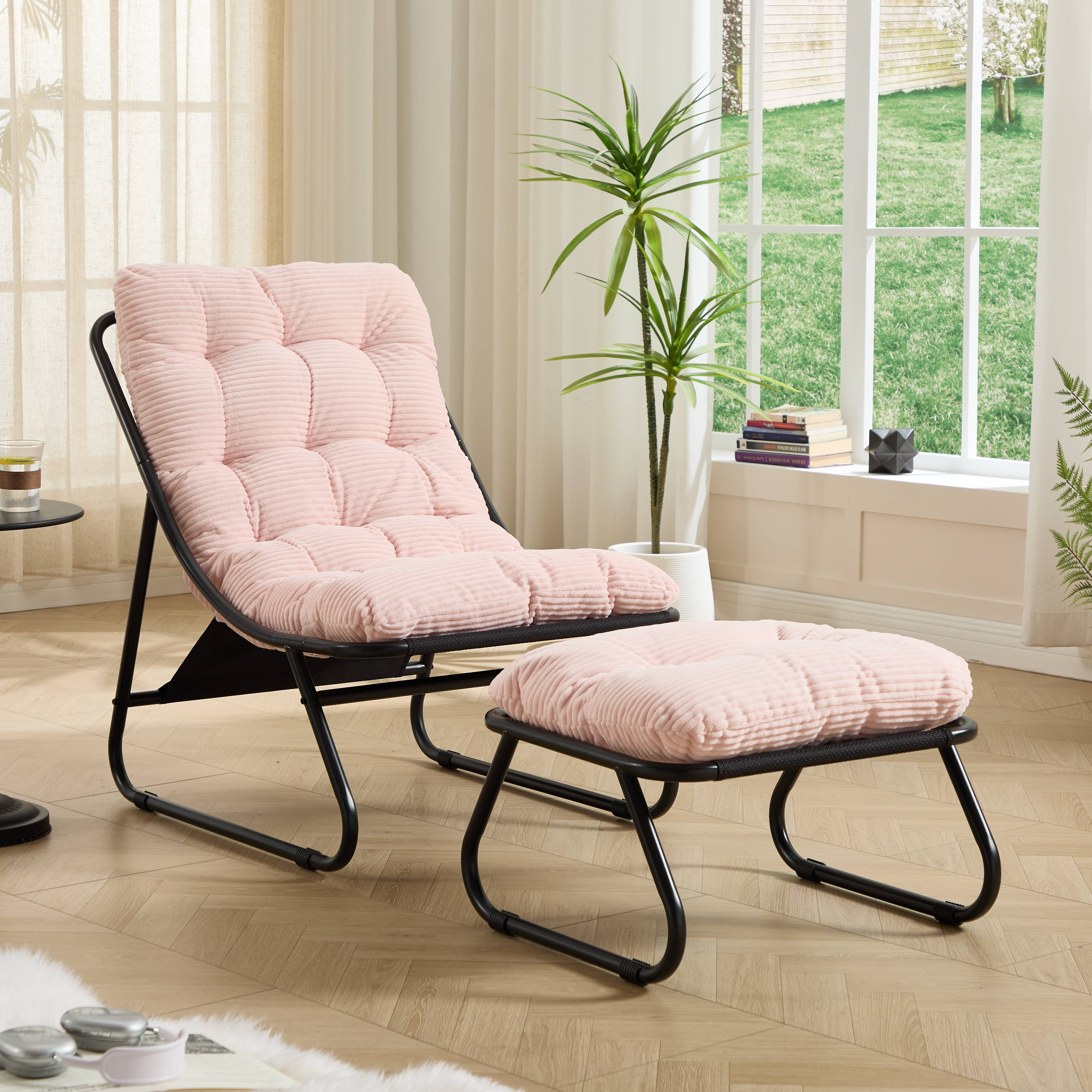 Fauteuil de terrasse inclinable avec ottoman cadre noir coussin rose moelleux pour salon chambre et salle de lecture - Image 1