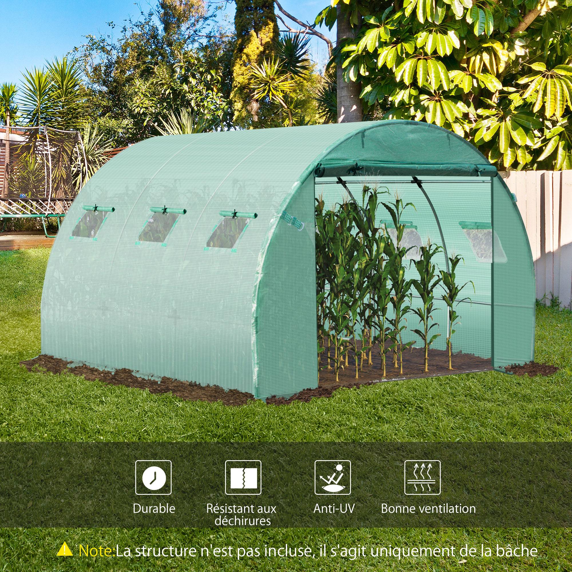 Outsunny - Bâche de rechange verte 9 m pour serre tunnel 3×3×2 m PE imperméable anti-UV avec 6 fenêtres – Outsunny - Imagen 1