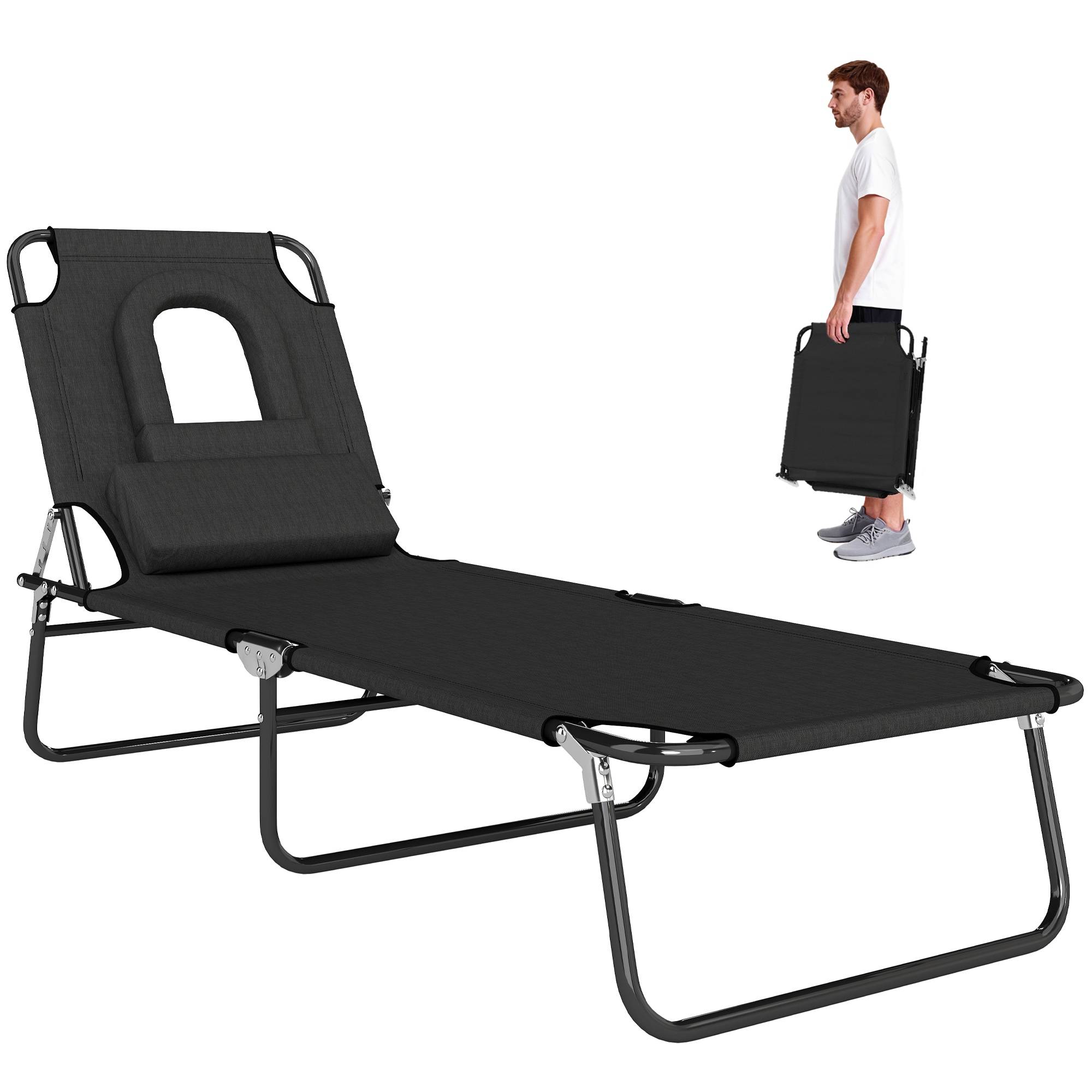 Transat pliable avec trou facial et coussins, acier et tissu oxford - Image 1