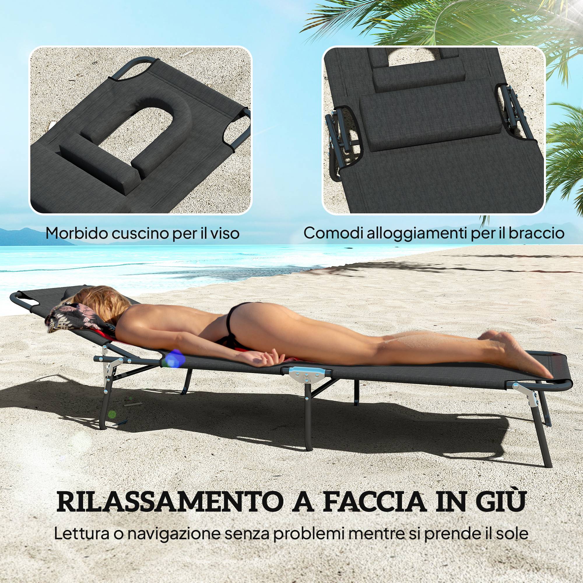 Transat pliable avec trou facial et coussins, acier et tissu oxford - Image 6
