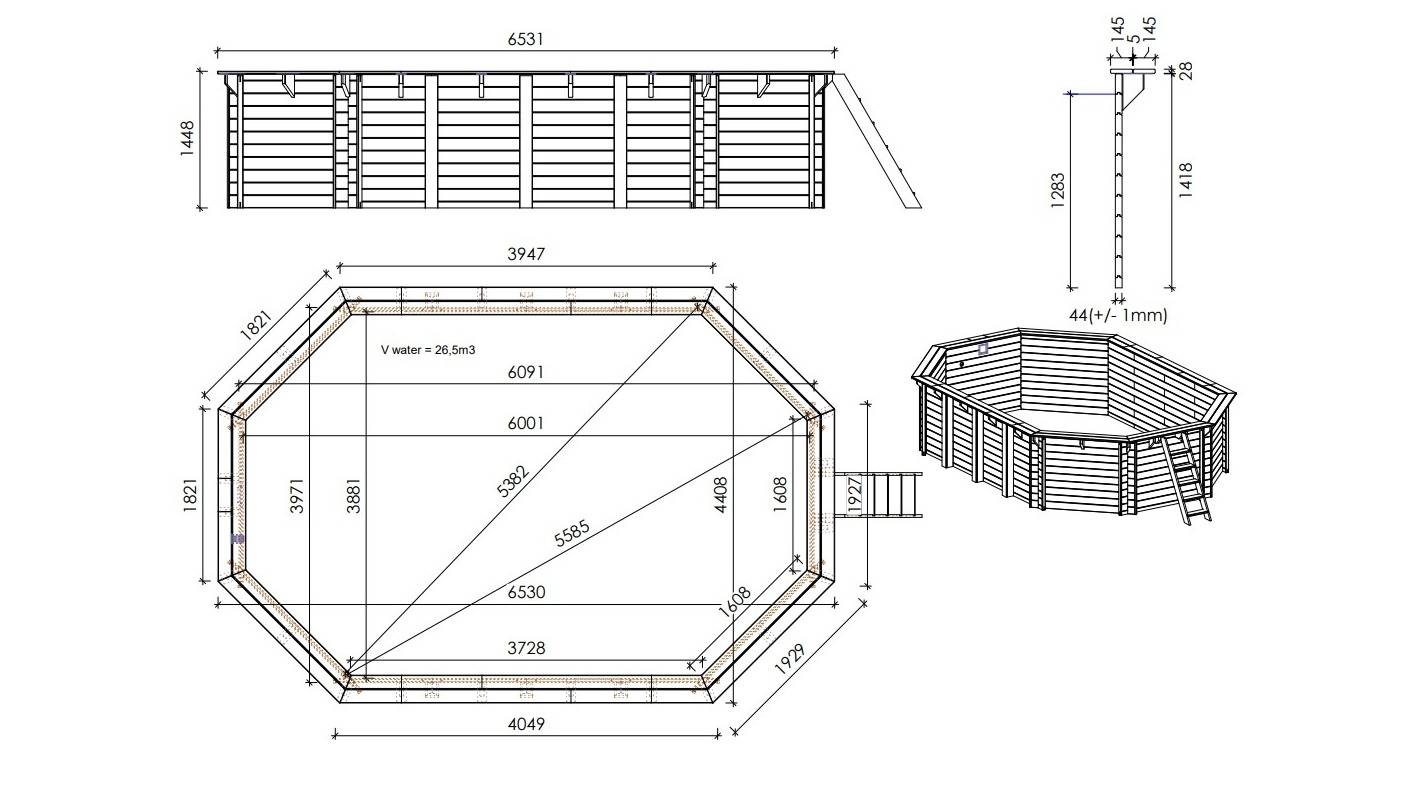 Altanka - Piscine de jardin en bois - 6,53x4,41 x H.1,42 m - avec filtration et coffre de filtration - BAS552OSP+SZA6 - Imagen 4