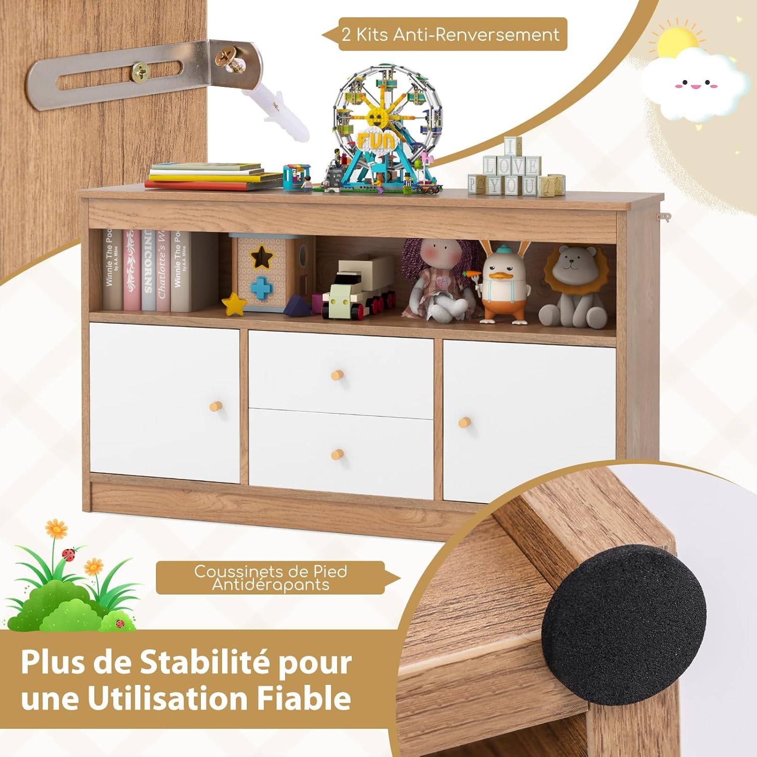 HOMFME Coffre à Jouets Enfant 106x30x62 Cm Avec 2 Tiroirs Et 2 Armoires - Naturel Meuble Enfant 106x30x62 Cm
