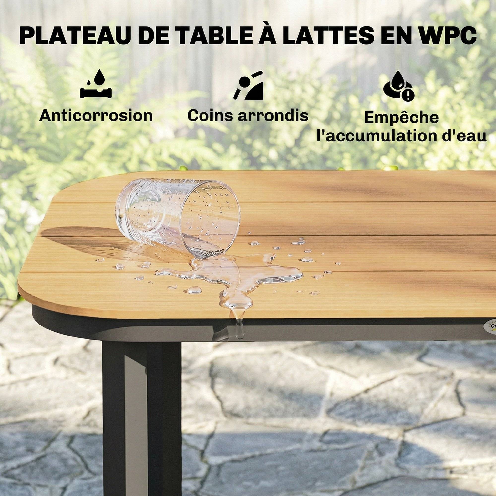 Table de Jardin Rectangulaire pour 4-6 Personnes, Plateau en WPC à Lattes, Bords Arrondis, 155x88x72cm, Naturel - Image 7