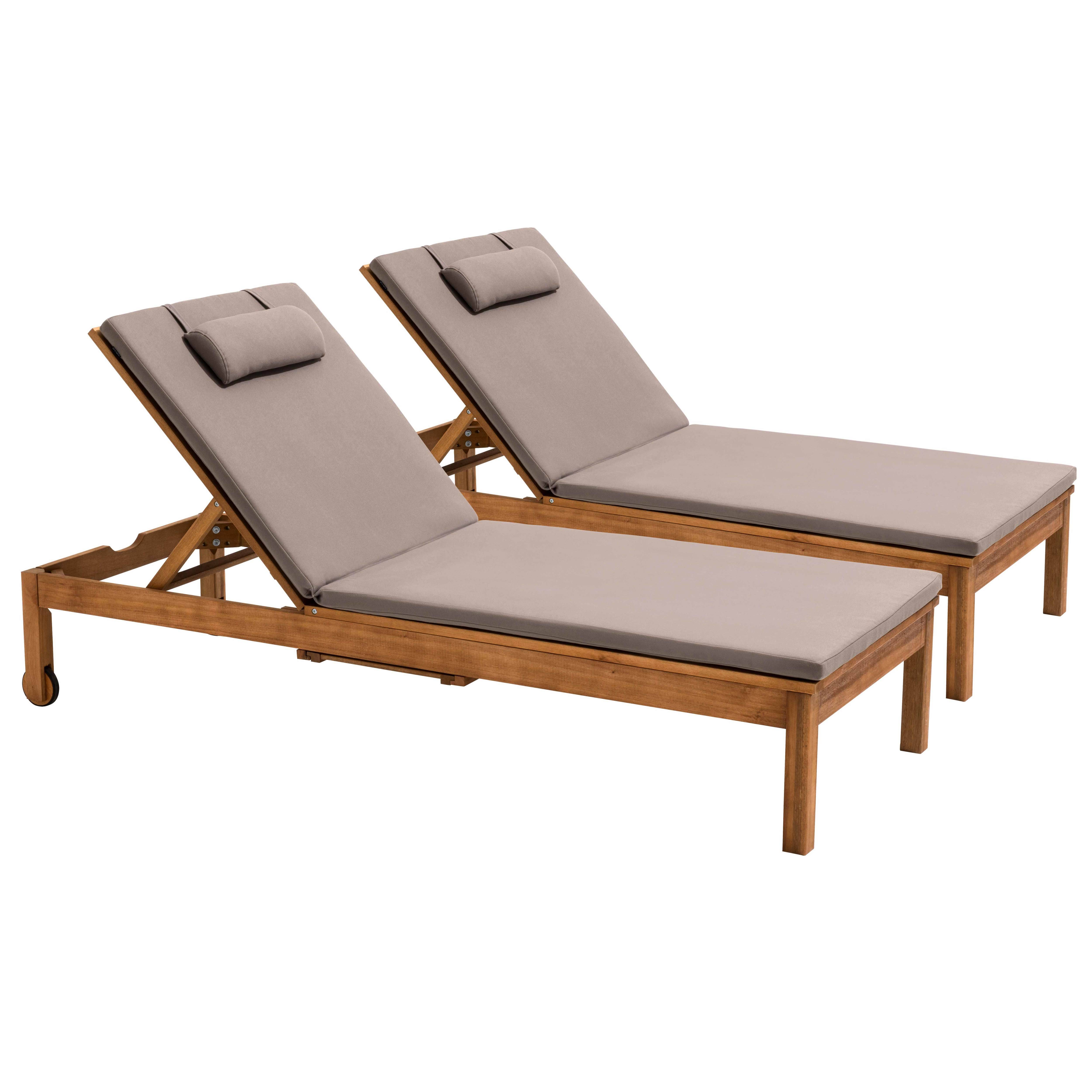 Oviala - Lot de 2 bains de soleil avec coussin et tablette en bois taupe - Oviala - Imagen 1