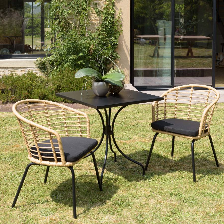 Macabane - MALO - SALON DE JARDIN 2 PERS. - 1 Table carrée 70x70cm et 2 fauteuils beiges et noirs en rotin synthétique - Imagen 2
