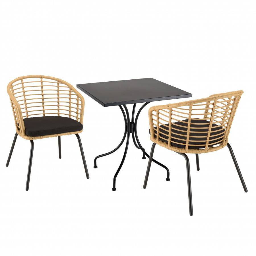 Macabane - MALO - SALON DE JARDIN 2 PERS. - 1 Table carrée 70x70cm et 2 fauteuils beiges et noirs en rotin synthétique - Imagen 1