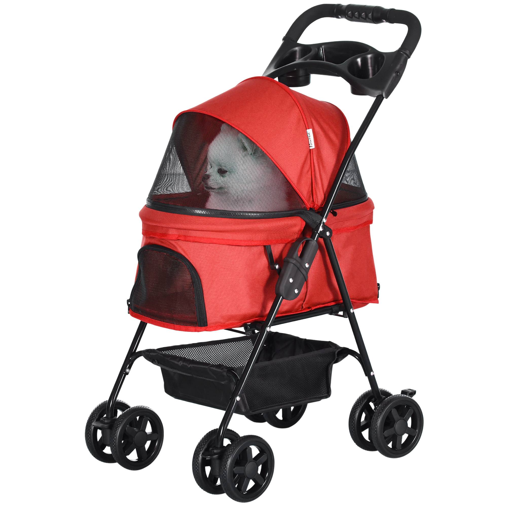 Poussette pour chien, pliable, fenêtre en filet, capote amovible, porte-gobelet, panier de rangement, structure en métal, rouge, 67 x 45 x 96 cm - Image 2