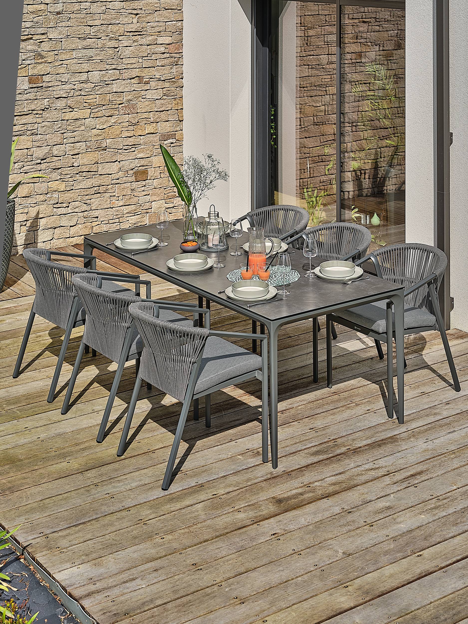 Ensemble repas de jardin TIGUA 6 places avec plateau en céramique sur verre - GRIS ANTHRACITE - REMARQUABLE - Image 2