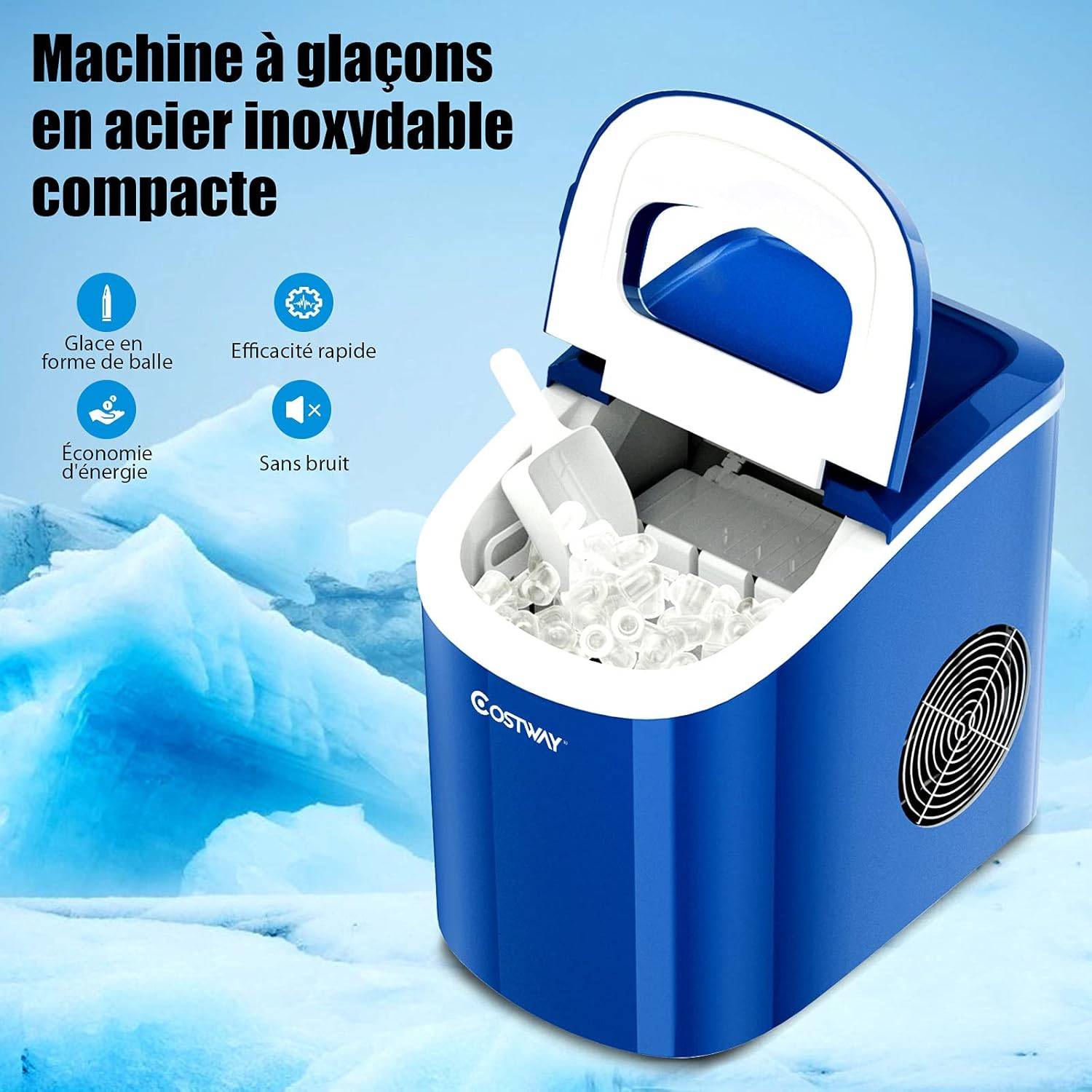Machine à glaçon 130 W - capacité réservoir eau 2 L - capacité réservoir glace 0,7 Kg - cuillère et panier inclus - PP gris