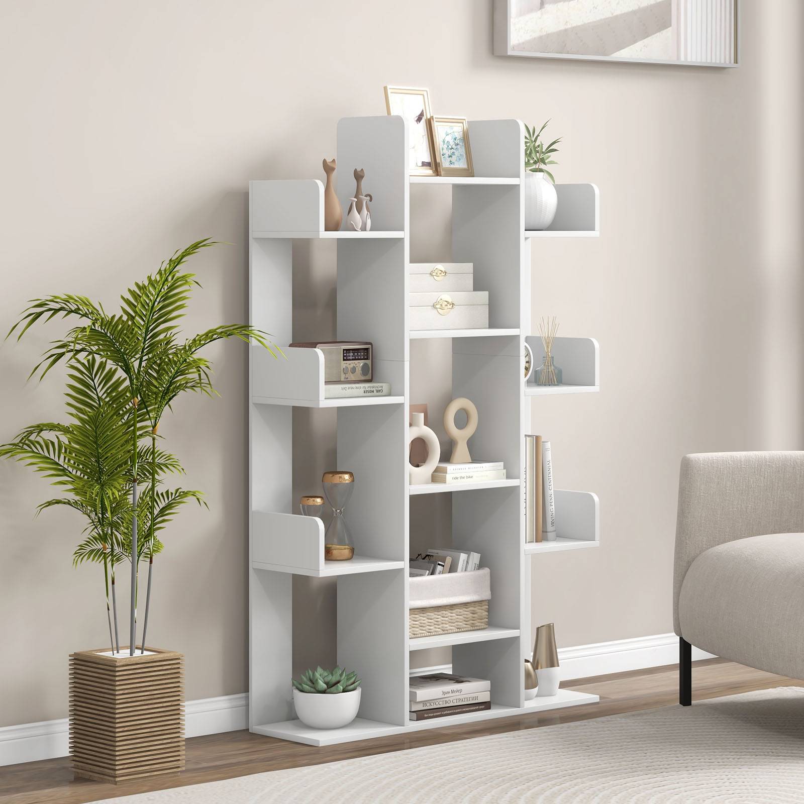 Bibliothèque Arbre, 13 Étagères Ouvertes, Meuble de Rangement pour Livres, Etagère Décorative Autoportante, pour Salon, Bureau (Blanc) - Image 7