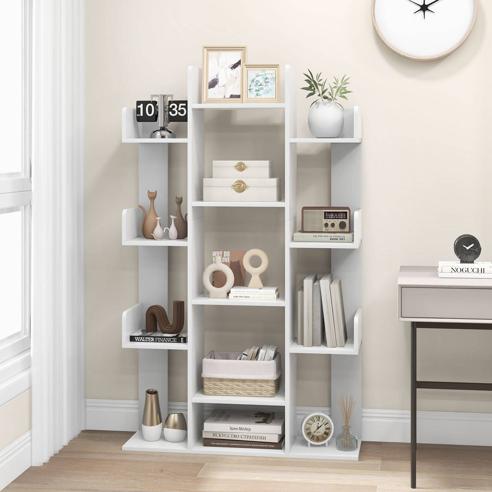 Bibliothèque Arbre, 13 Étagères Ouvertes, Meuble de Rangement pour Livres, Etagère Décorative Autoportante, pour Salon, Bureau (Blanc) - Image 9