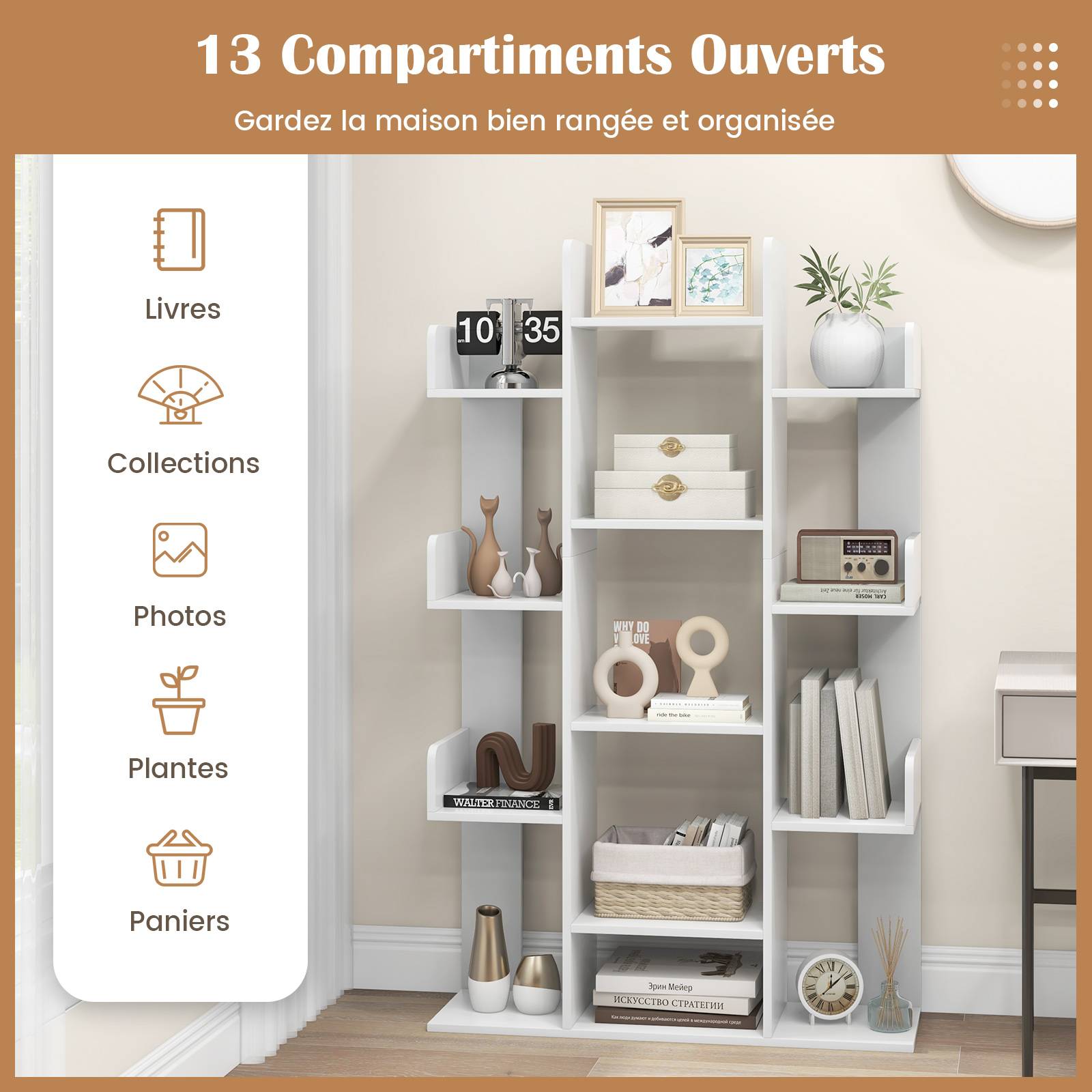 Bibliothèque Arbre, 13 Étagères Ouvertes, Meuble de Rangement pour Livres, Etagère Décorative Autoportante, pour Salon, Bureau (Blanc) - Image 3