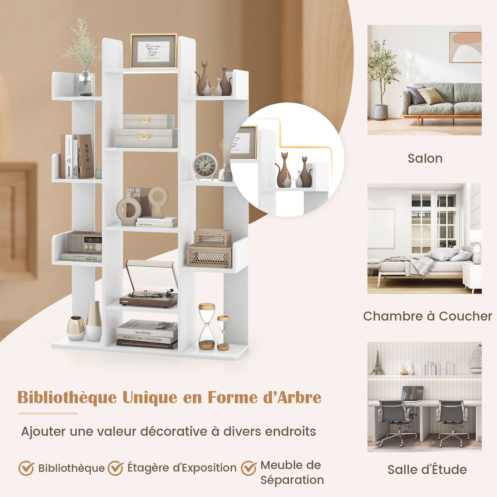 Bibliothèque Arbre, 13 Étagères Ouvertes, Meuble de Rangement pour Livres, Etagère Décorative Autoportante, pour Salon, Bureau (Blanc) - Image 6