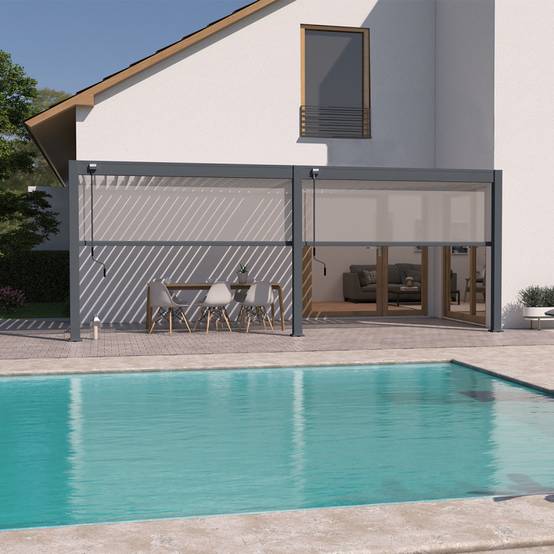 Ombrea - Pergola bioclimatique Ombréa adossée VS - 3x6M bicolore + 2 stores Anthracites - Image 1