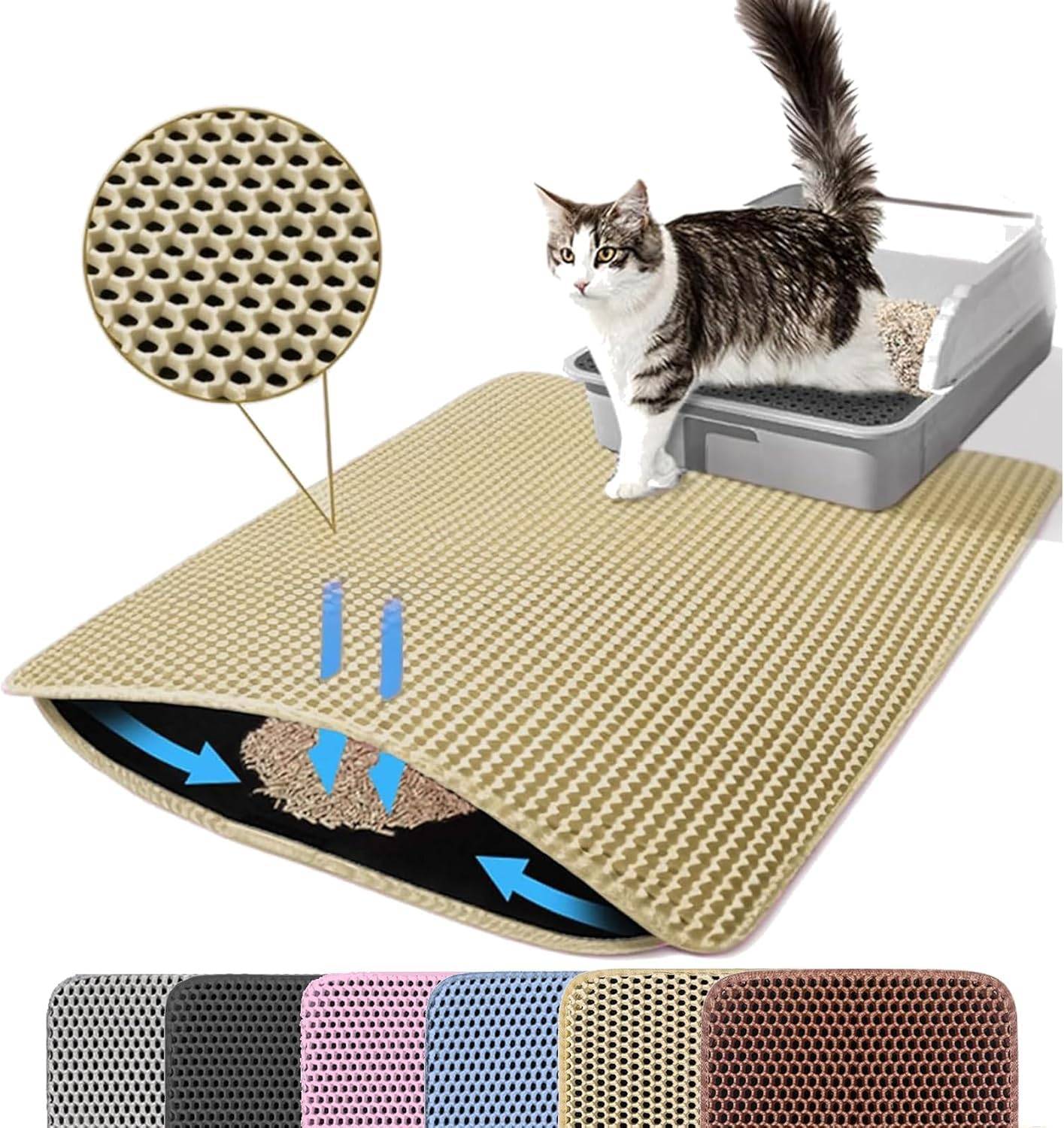 Tapis de litière pour chat, double couche, nid d'abeille, antidérapant, imperméable et anti-urine, accessoire pour chat, 55*75 cm, beige-Lytech - Image 1