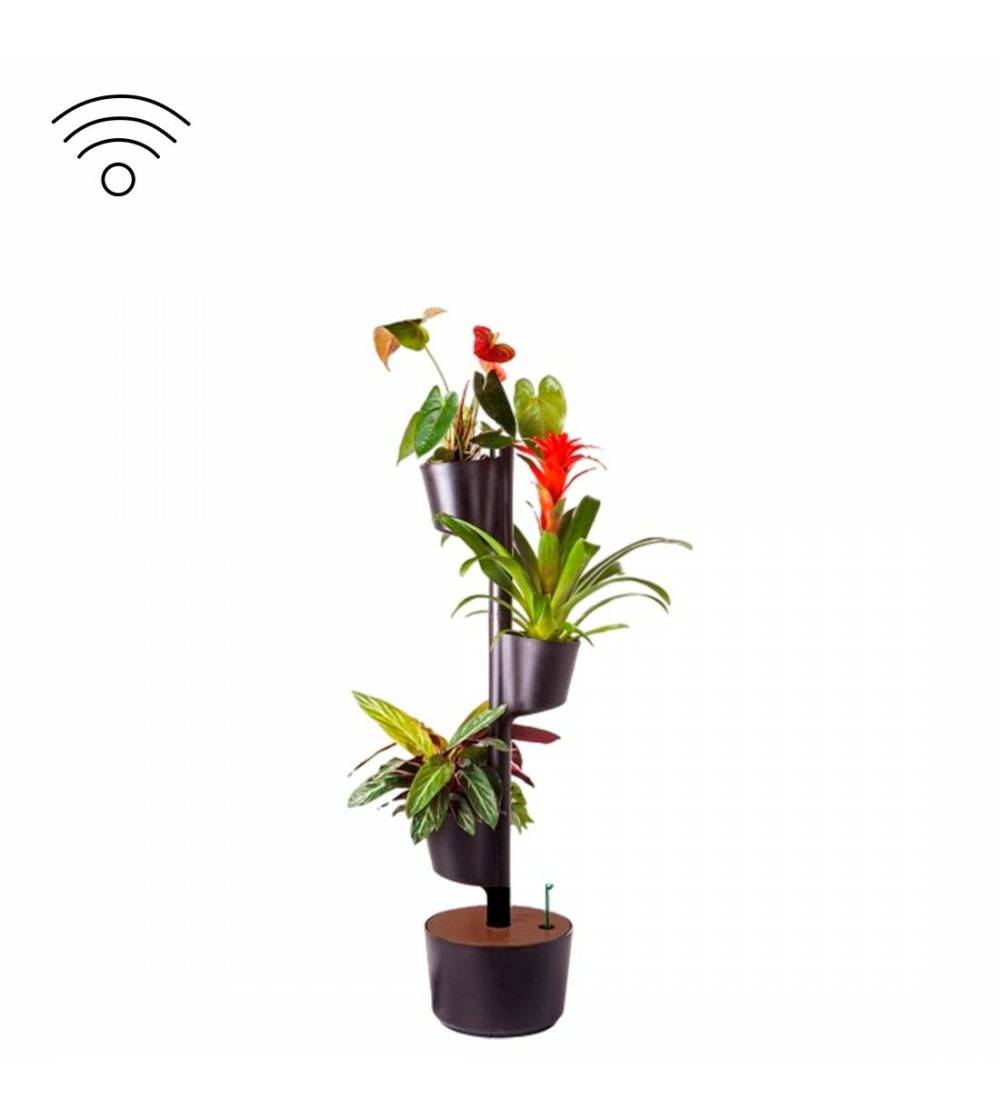 Jardinière verticale CitySens noire et bois teck avec 3 pots et arrosage automatique Wi-Fi - Image 1
