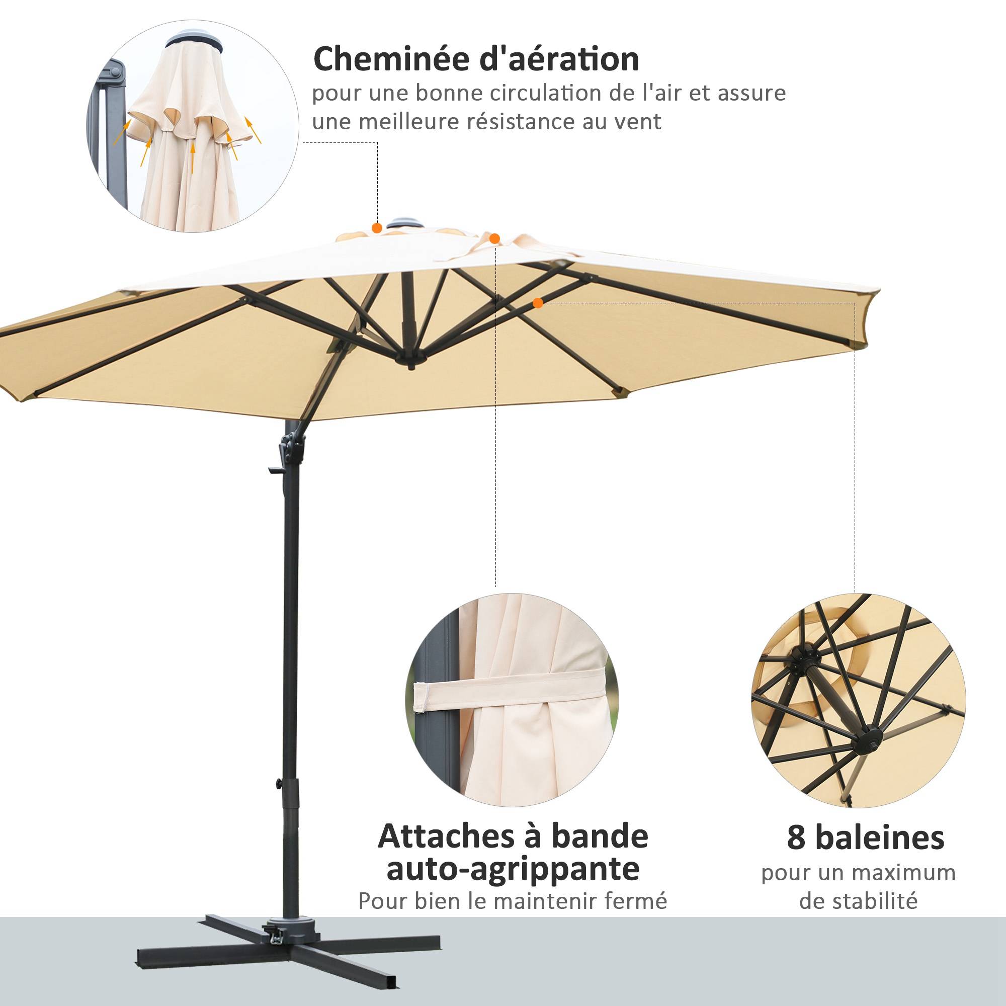 Parasol déporté Polyester Beige 295x295x250 cm - Image 8