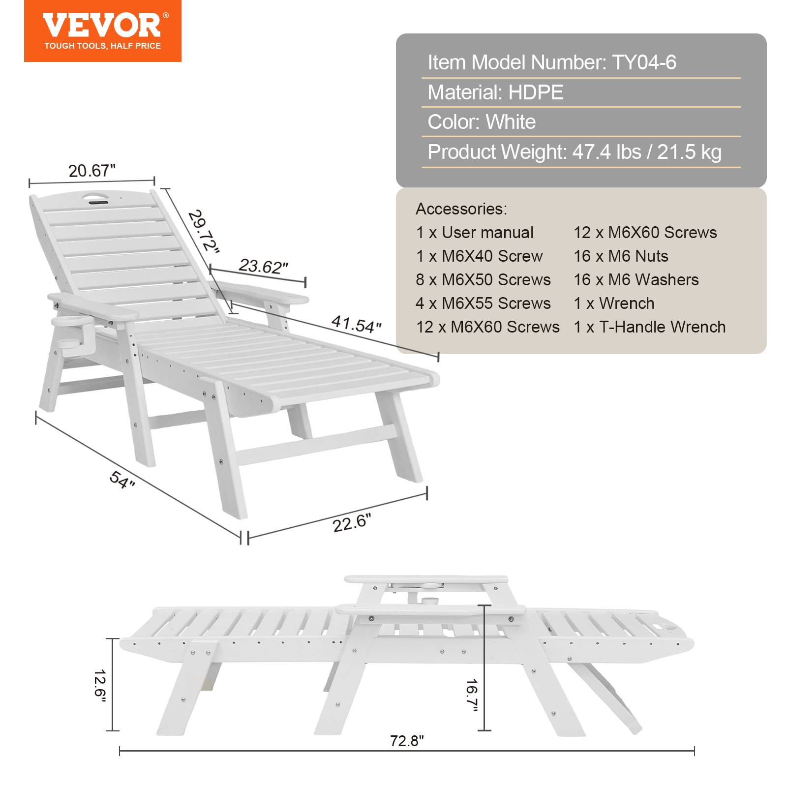 Vevor - VEVOR Bain de Soleil Chaise Longue Jardin Dossier Réglable Charge 181 kg Blanc - Image 7