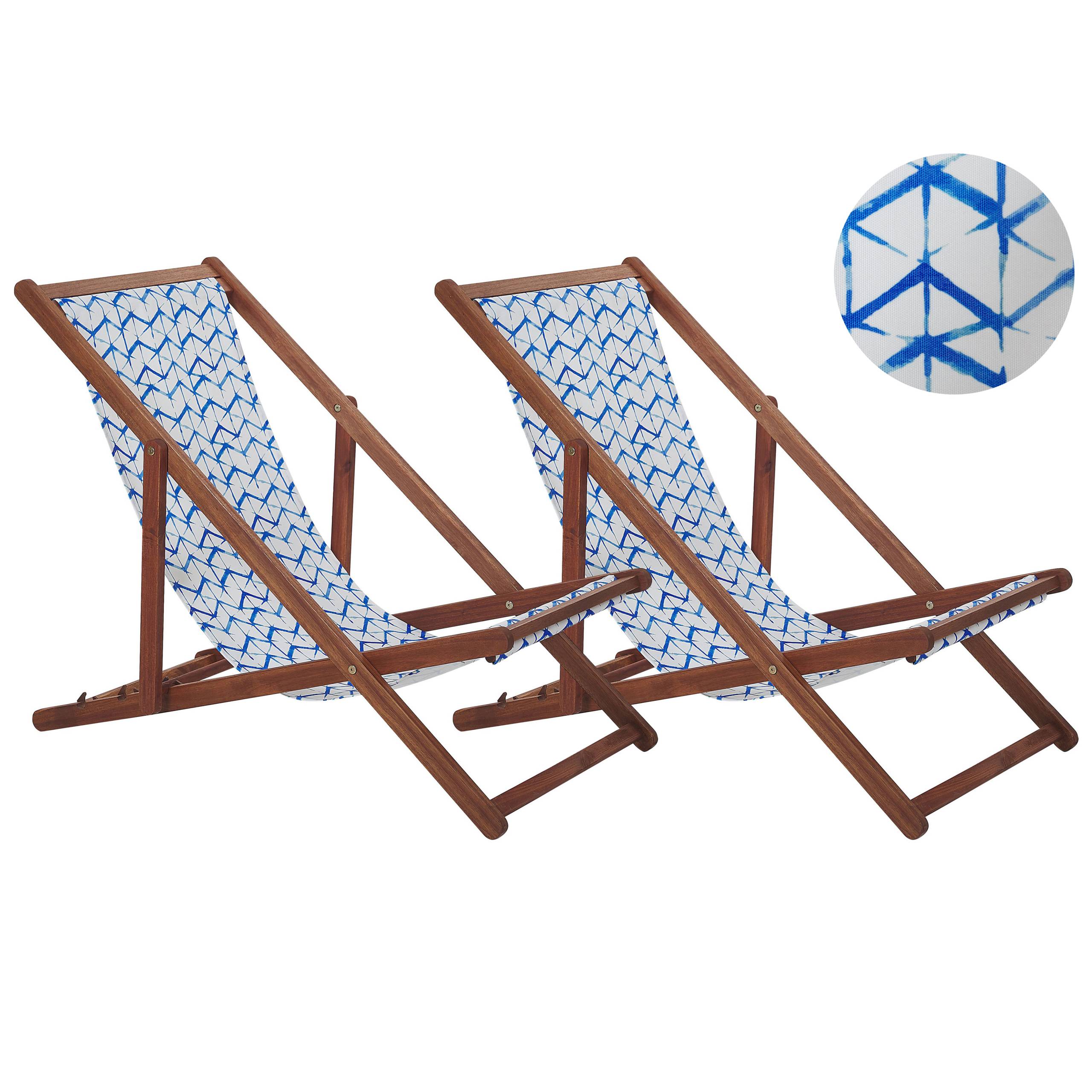 Beliani - 2 Transats Chaises Chiliennes Pliantes et Réglables en Bois d'Acacia Foncé et Tissu Bleu Blanc avec Toiles de Remplacement - Imagen 1