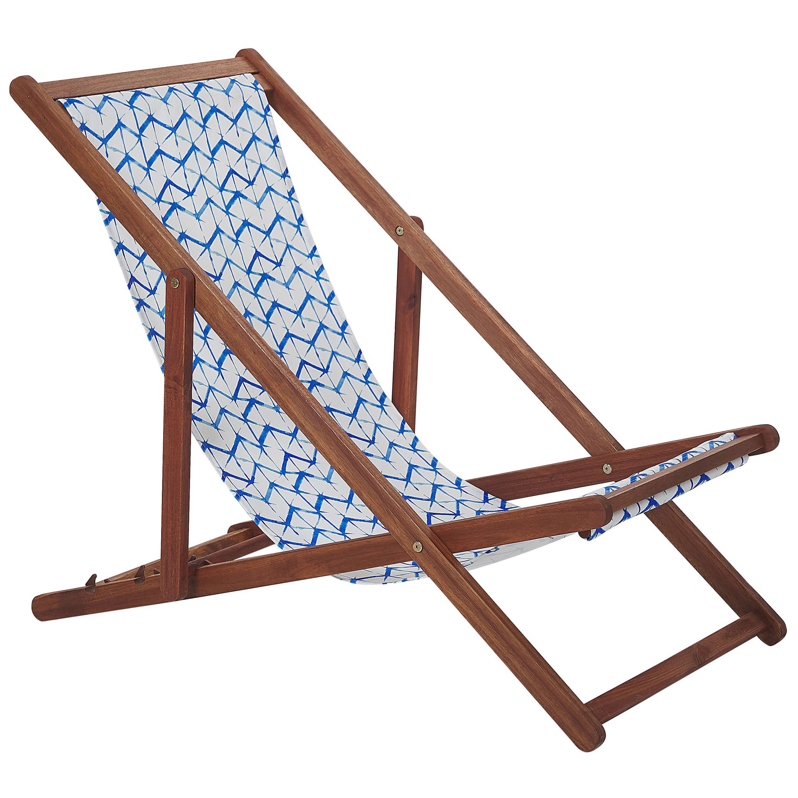 Beliani - 2 Transats Chaises Chiliennes Pliantes et Réglables en Bois d'Acacia Foncé et Tissu Bleu Blanc avec Toiles de Remplacement - Imagen 4