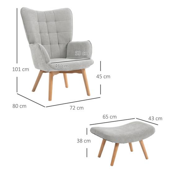 Fauteuil avec repose pied, dossier haut, pieds en bois et tissu aspect velours côtelé, pour salon chambre à coucher gris - Image 5