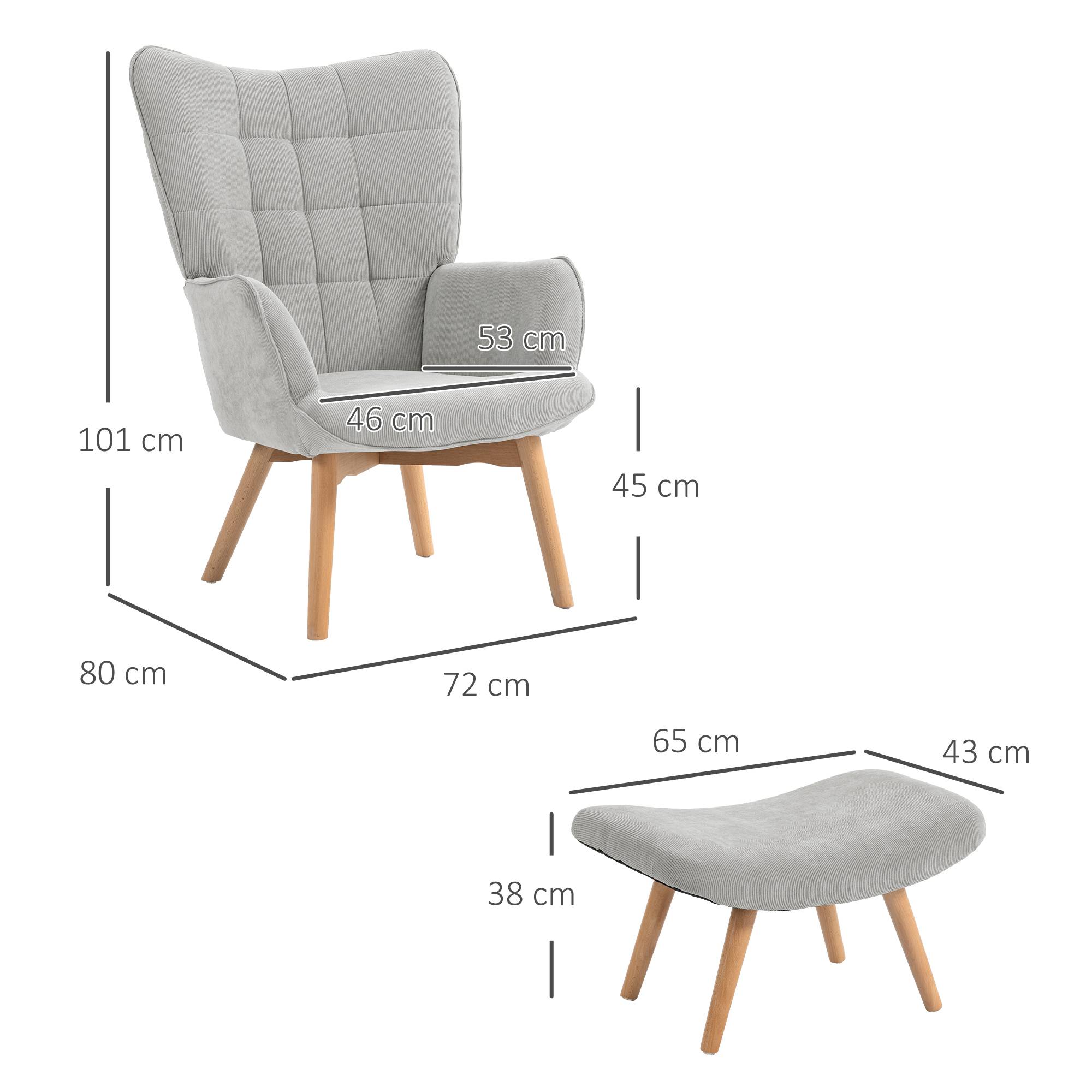 Fauteuil avec repose pied, dossier haut, pieds en bois et tissu aspect velours côtelé, pour salon chambre à coucher gris - Image 5