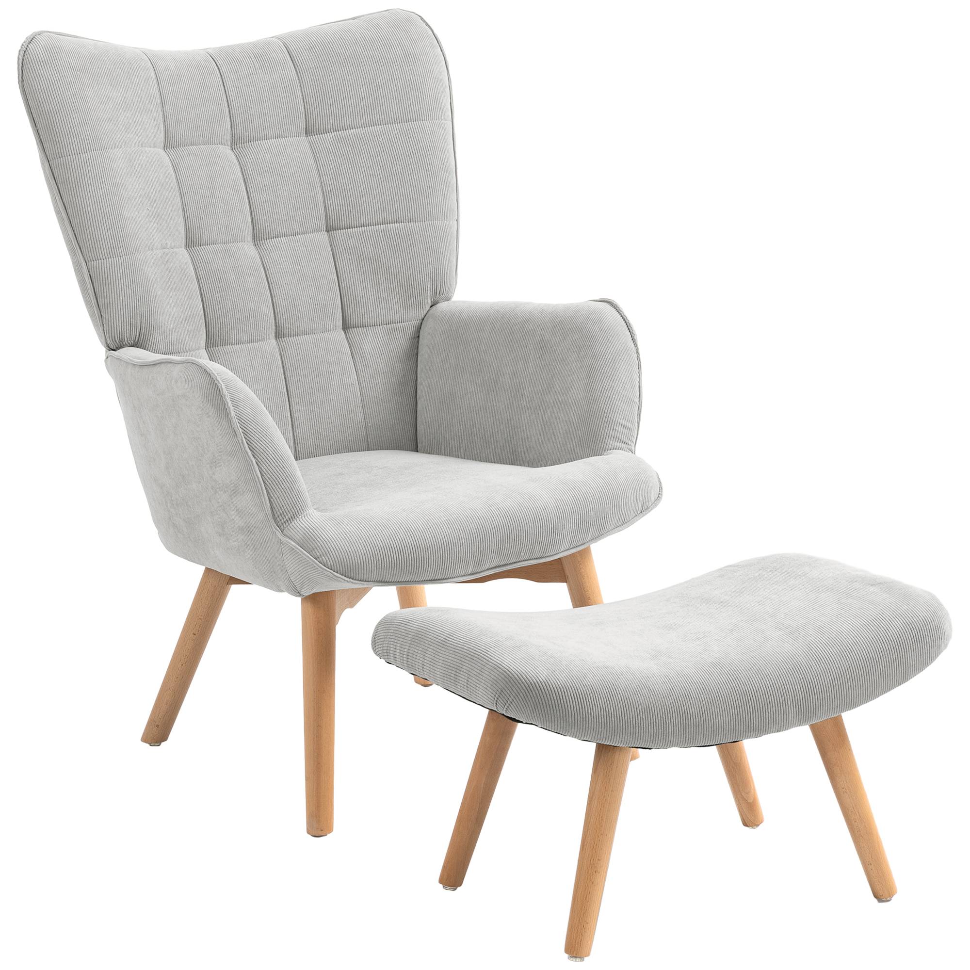 Fauteuil avec repose pied, dossier haut, pieds en bois et tissu aspect velours côtelé, pour salon chambre à coucher gris - Image 1