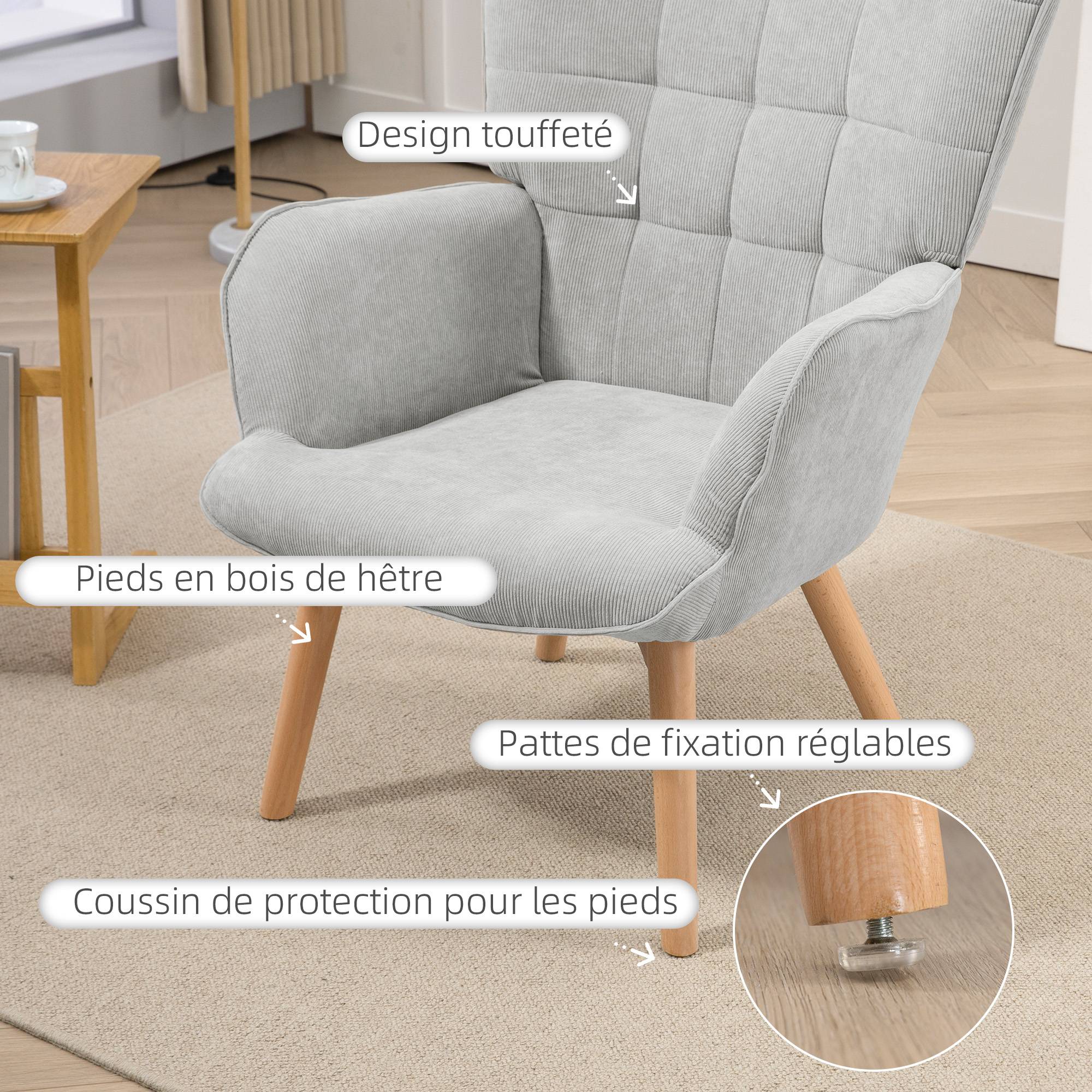Fauteuil avec repose pied, dossier haut, pieds en bois et tissu aspect velours côtelé, pour salon chambre à coucher gris - Image 7