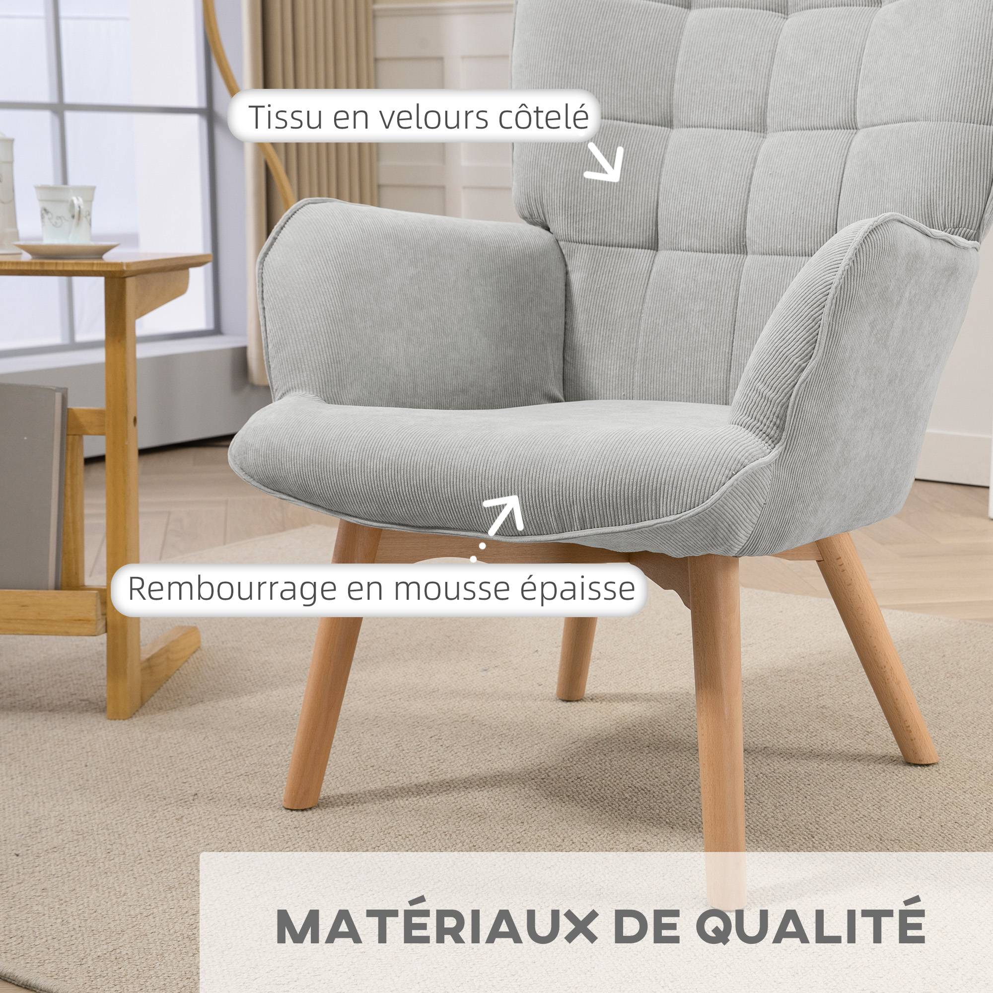 Fauteuil avec repose pied, dossier haut, pieds en bois et tissu aspect velours côtelé, pour salon chambre à coucher gris - Image 6