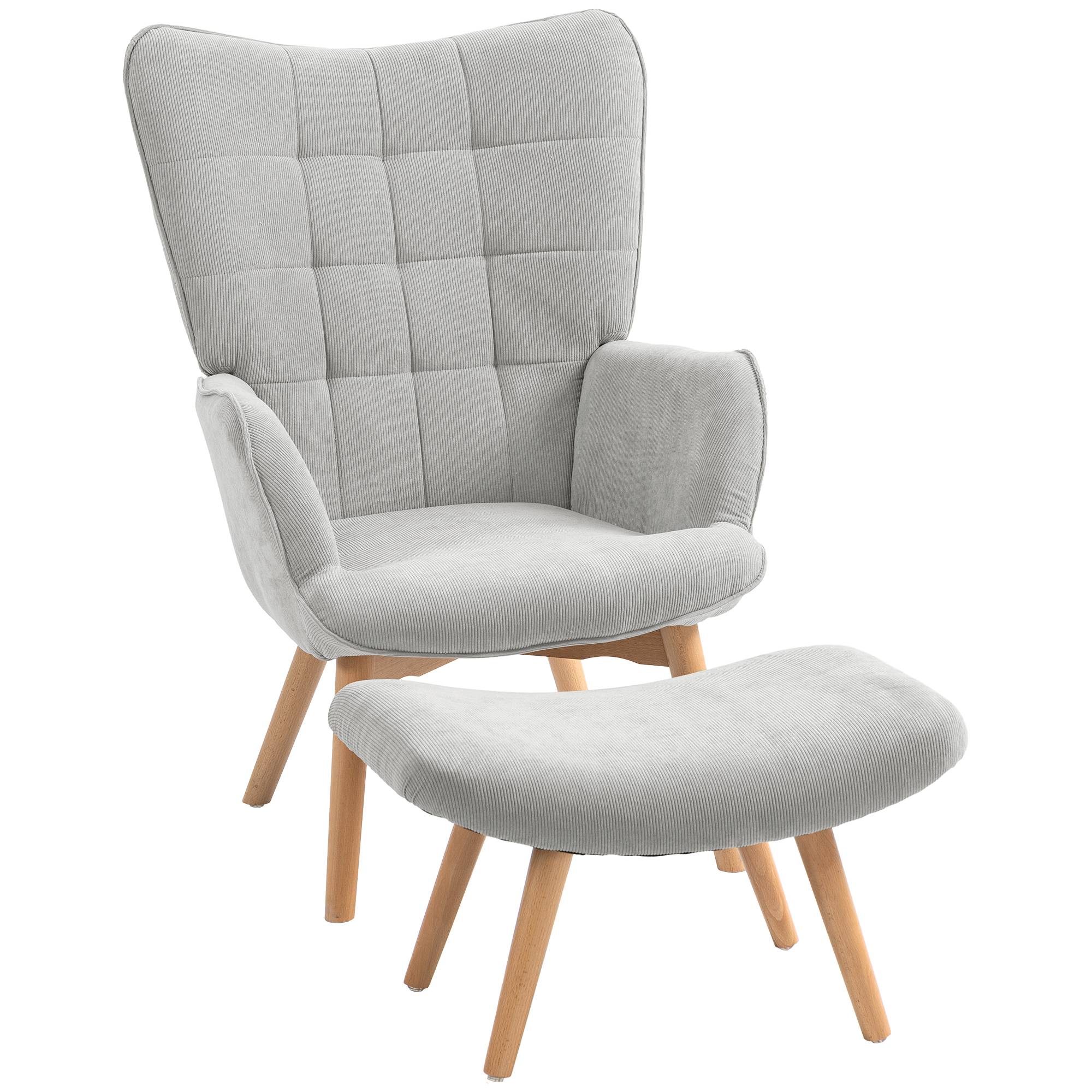Fauteuil avec repose pied, dossier haut, pieds en bois et tissu aspect velours côtelé, pour salon chambre à coucher gris - Image 2