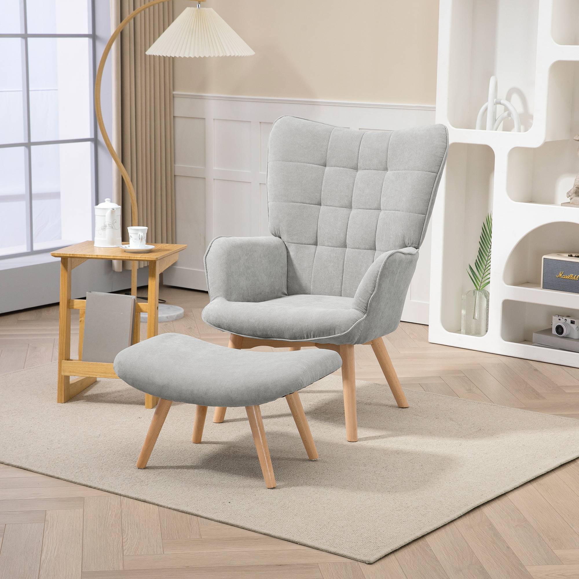 Fauteuil avec repose pied, dossier haut, pieds en bois et tissu aspect velours côtelé, pour salon chambre à coucher gris - Image 4