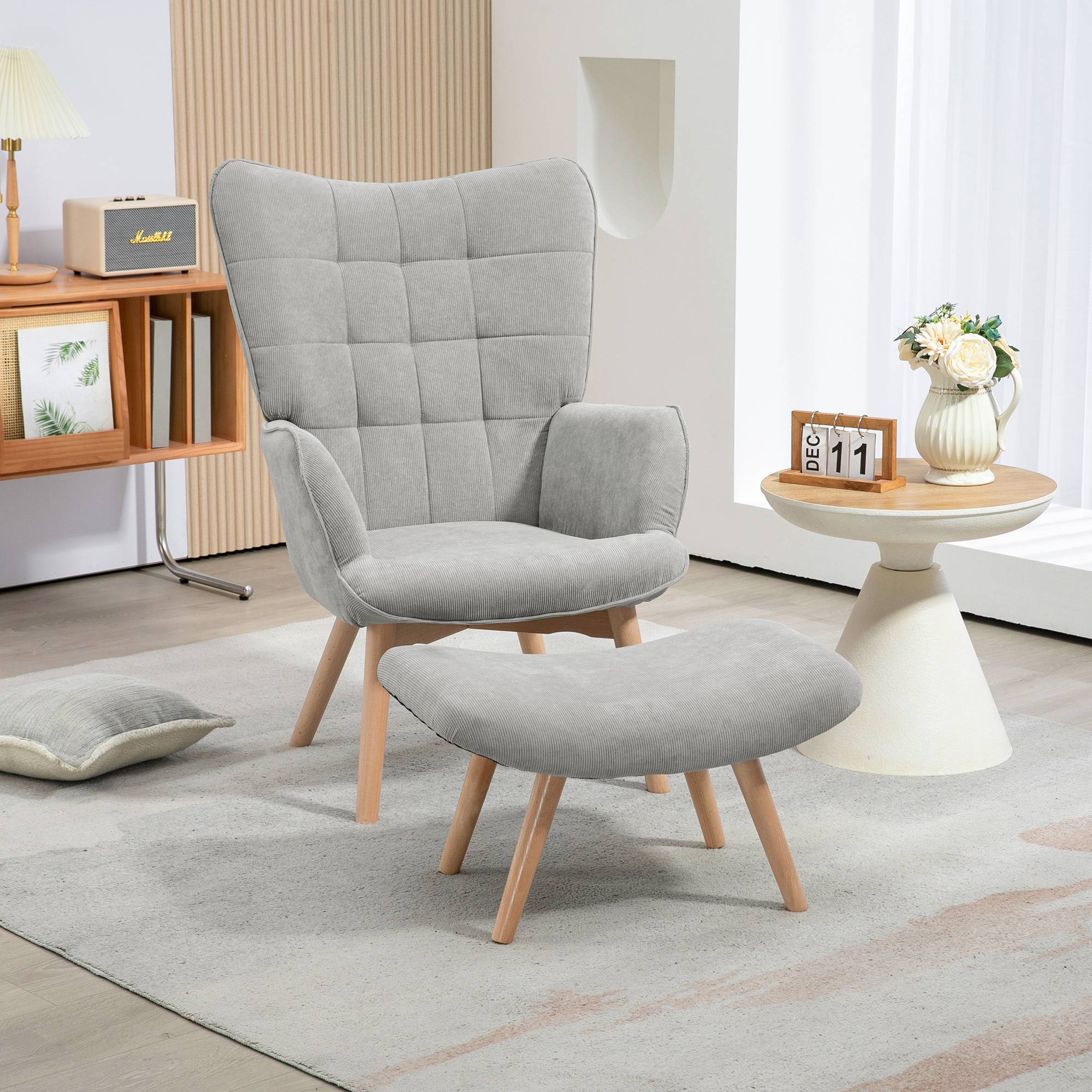 Fauteuil avec repose pied, dossier haut, pieds en bois et tissu aspect velours côtelé, pour salon chambre à coucher gris - Image 3