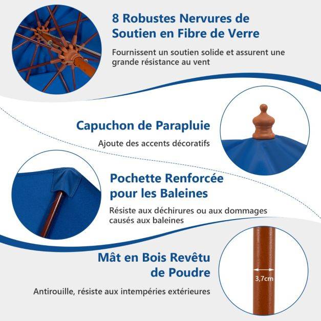Helloshop26 - Parasol de jardin pliable 2,9 m avec mécanisme de poulie à corde poteau en bois 8 baleines en fibre de verre pour cour bleu - Imagen 2
