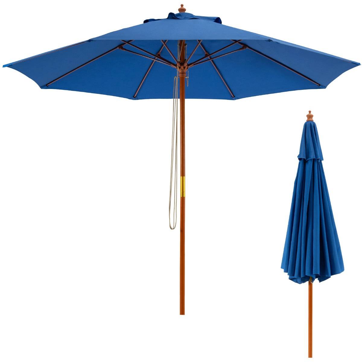 Helloshop26 - Parasol de jardin pliable 2,9 m avec mécanisme de poulie à corde poteau en bois 8 baleines en fibre de verre pour cour bleu - Imagen 1