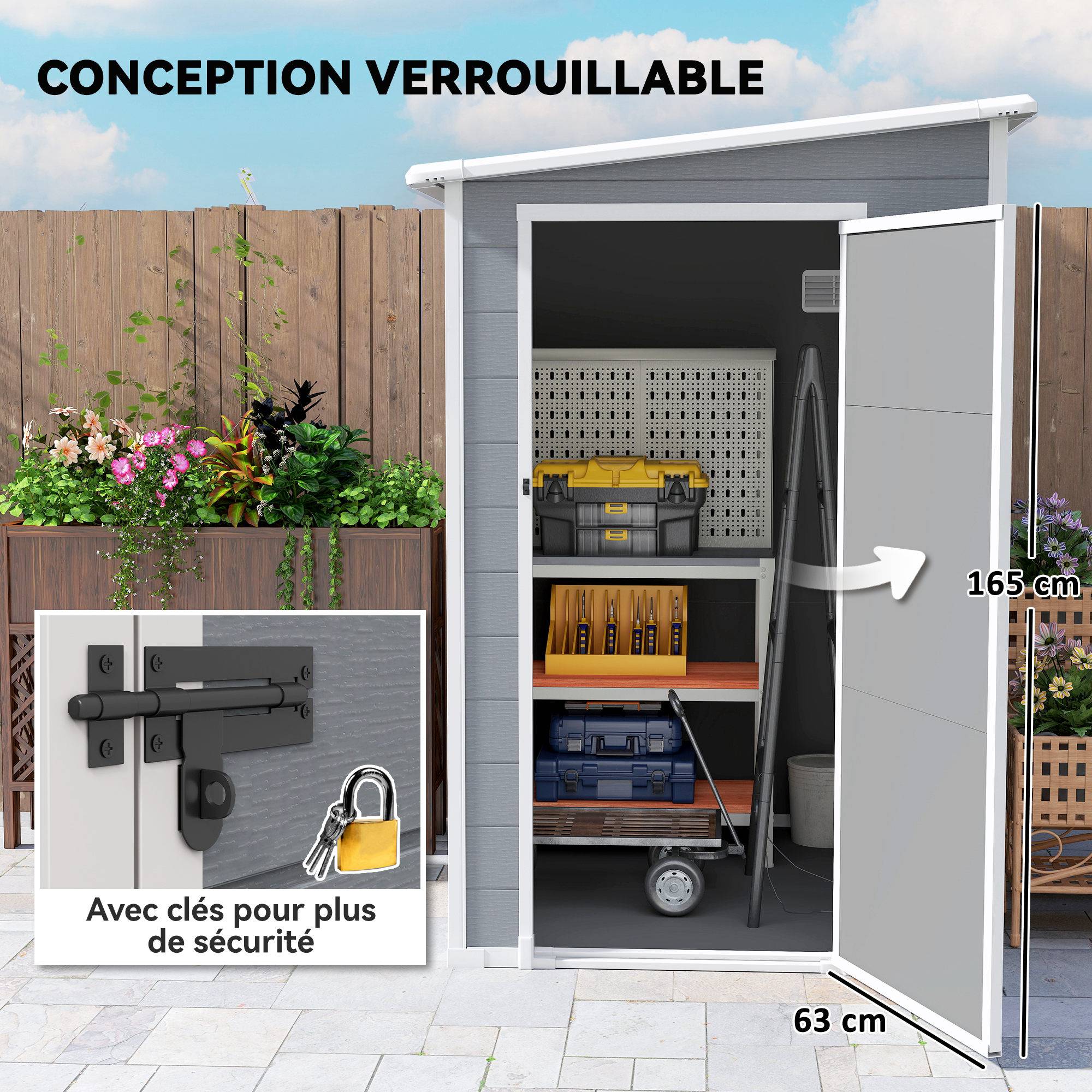 Sans Marque - Abri de jardin 1,54 m² pour outils porte verrouillable, aération et fenêtre dim. 122L x 149l x 192/177H cm, gris - Image 8