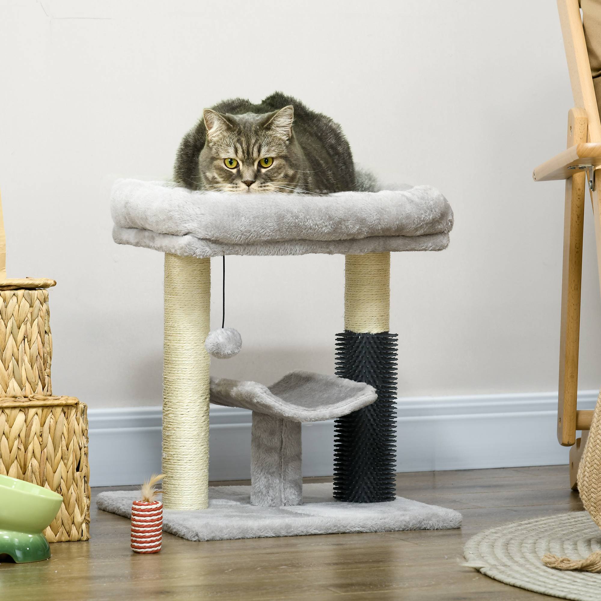 Pawhut - Arbre à chat griffoirs sisal naturel et massant plateforme panier jeu boule suspendue peluche gris - Imagen 2
