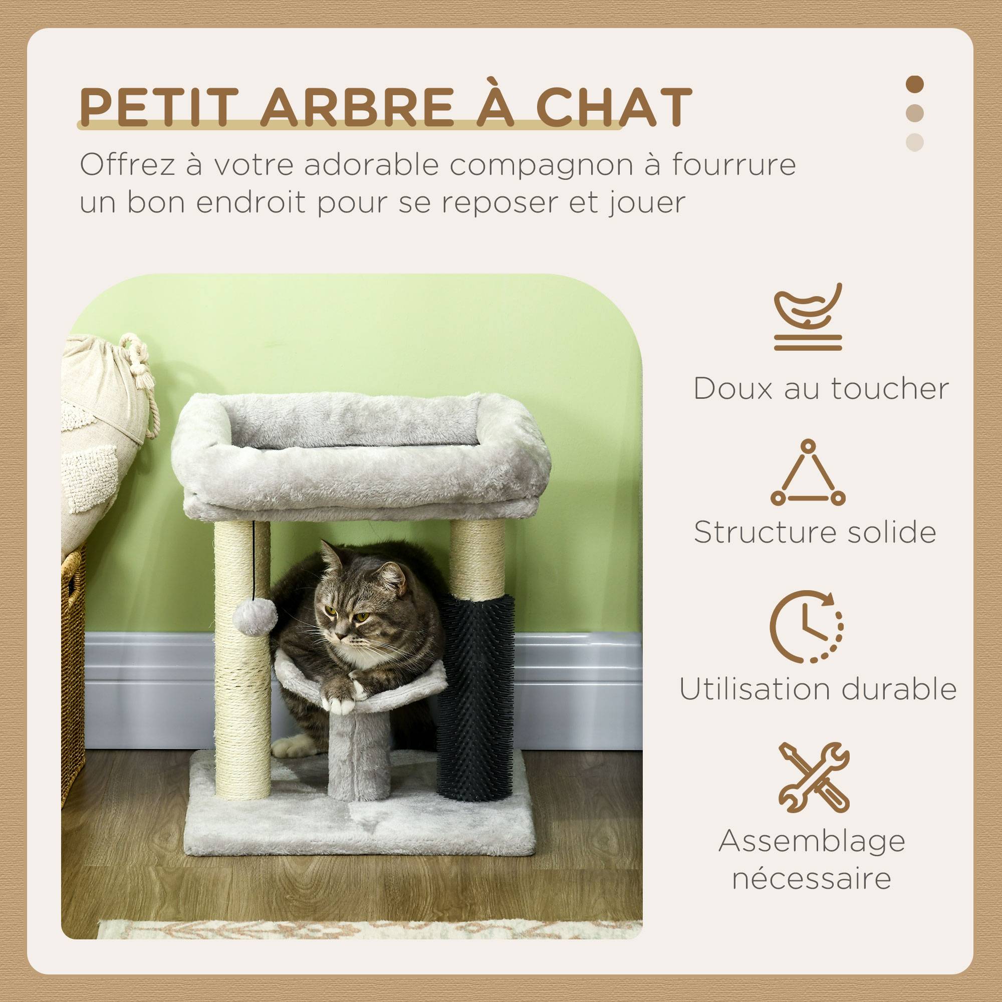 Pawhut - Arbre à chat griffoirs sisal naturel et massant plateforme panier jeu boule suspendue peluche gris - Imagen 4