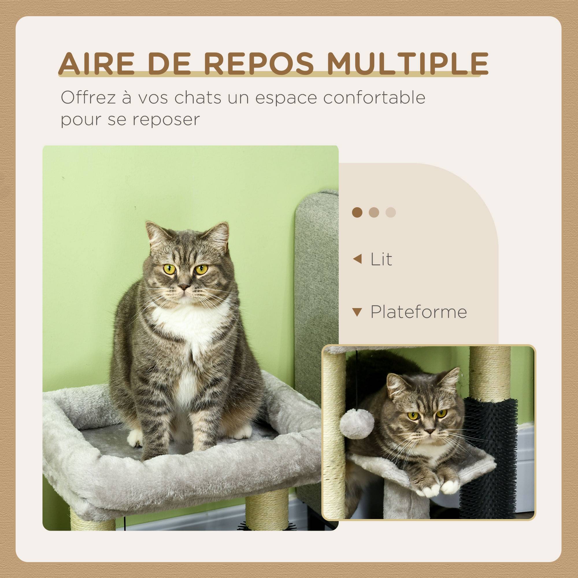 Pawhut - Arbre à chat griffoirs sisal naturel et massant plateforme panier jeu boule suspendue peluche gris - Imagen 5