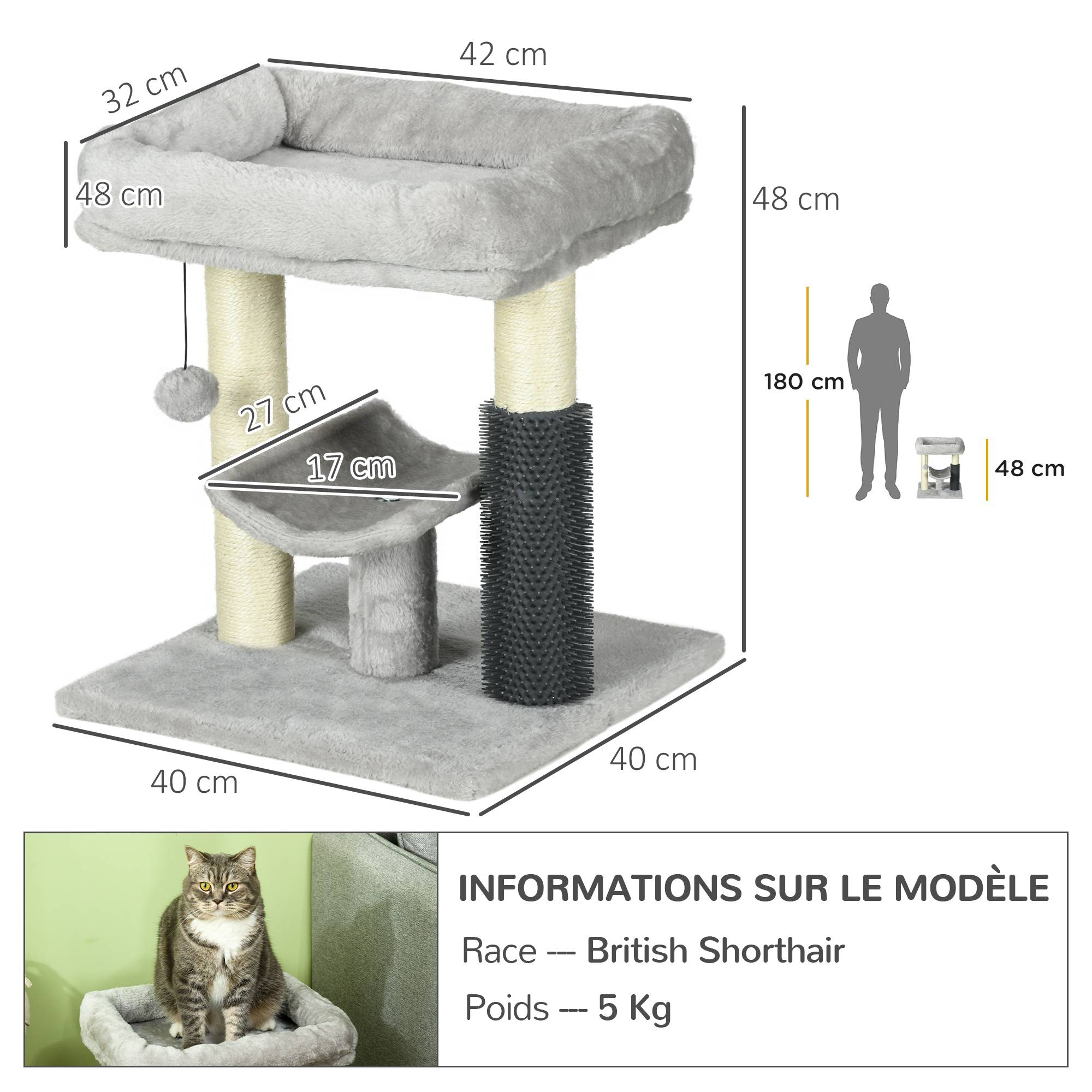 Pawhut - Arbre à chat griffoirs sisal naturel et massant plateforme panier jeu boule suspendue peluche gris - Imagen 3