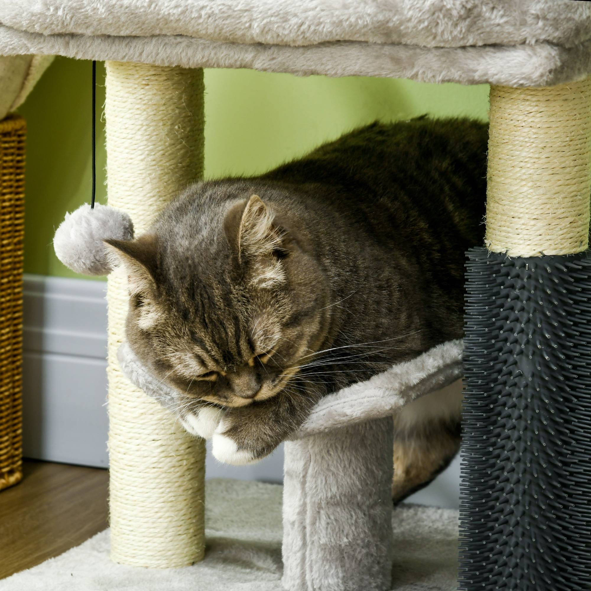 Pawhut - Arbre à chat griffoirs sisal naturel et massant plateforme panier jeu boule suspendue peluche gris - Imagen 9