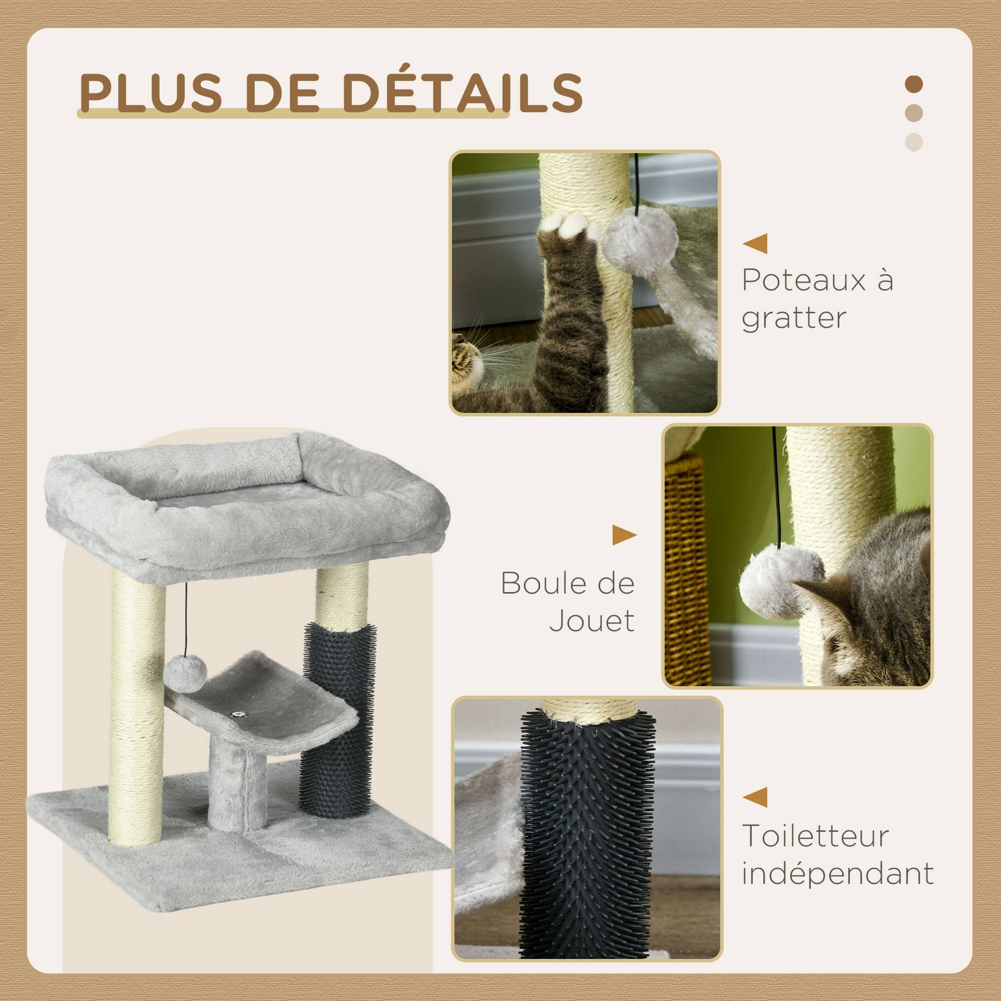 Pawhut - Arbre à chat griffoirs sisal naturel et massant plateforme panier jeu boule suspendue peluche gris - Imagen 6
