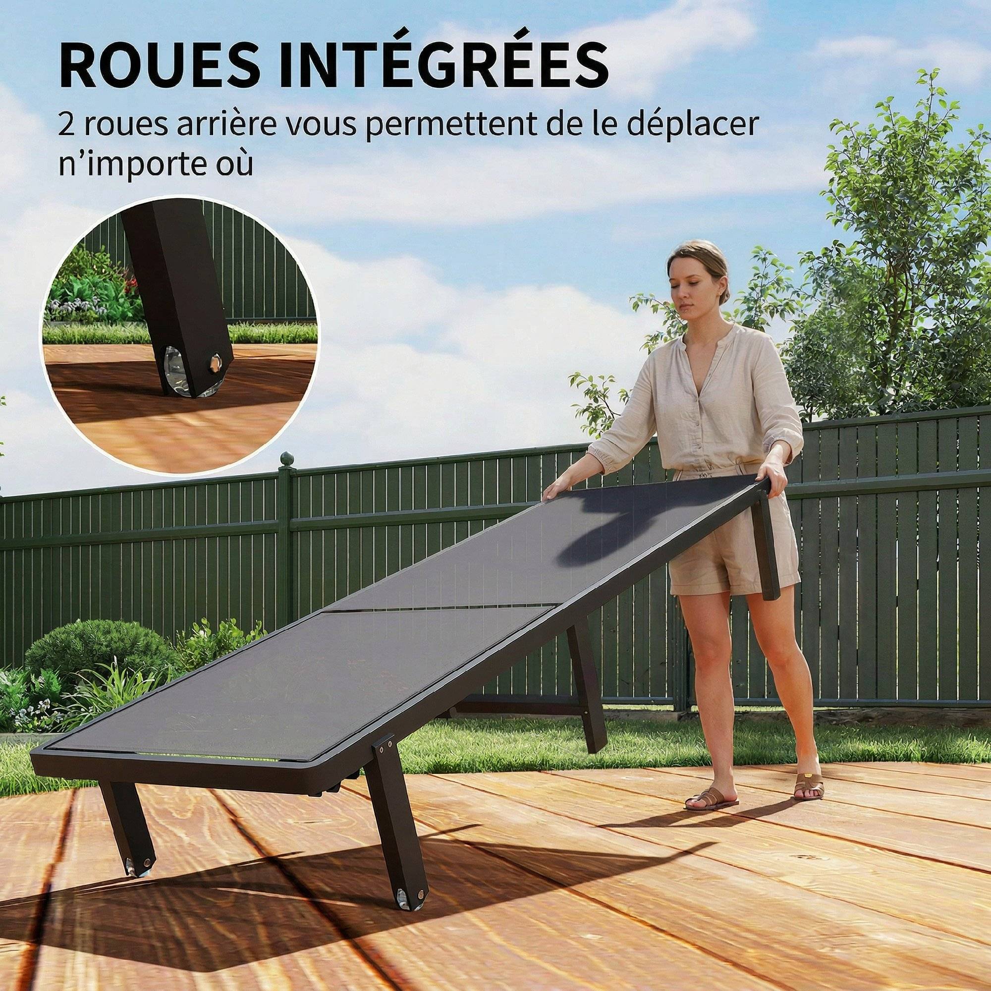 Bain soleil aluminium textilène terrasse piscine inclinable à plat avec roulettes gris foncé - ComfortXL Outdoor Living - Image 8