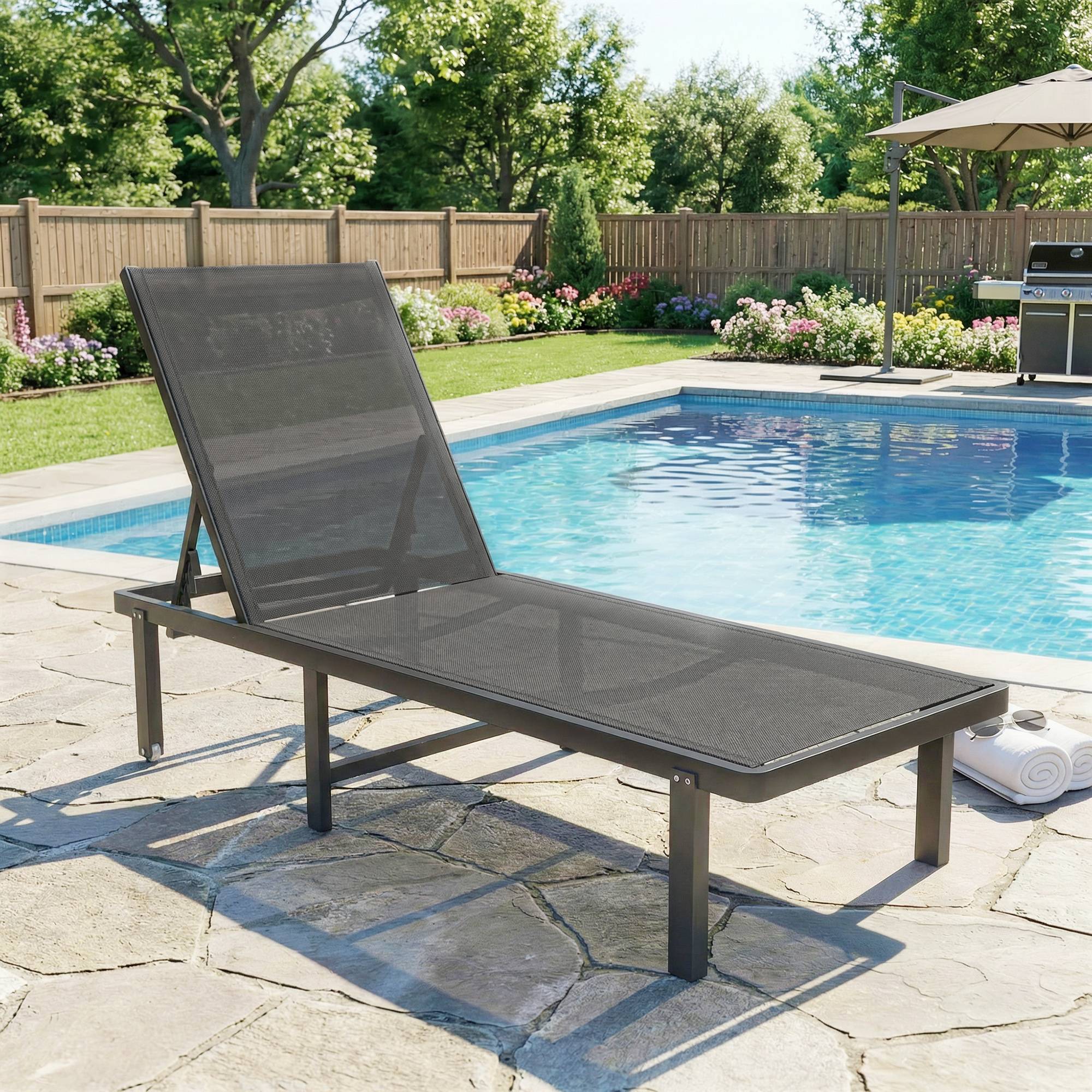 Bain soleil aluminium textilène terrasse piscine inclinable à plat avec roulettes gris foncé - ComfortXL Outdoor Living - Image 3