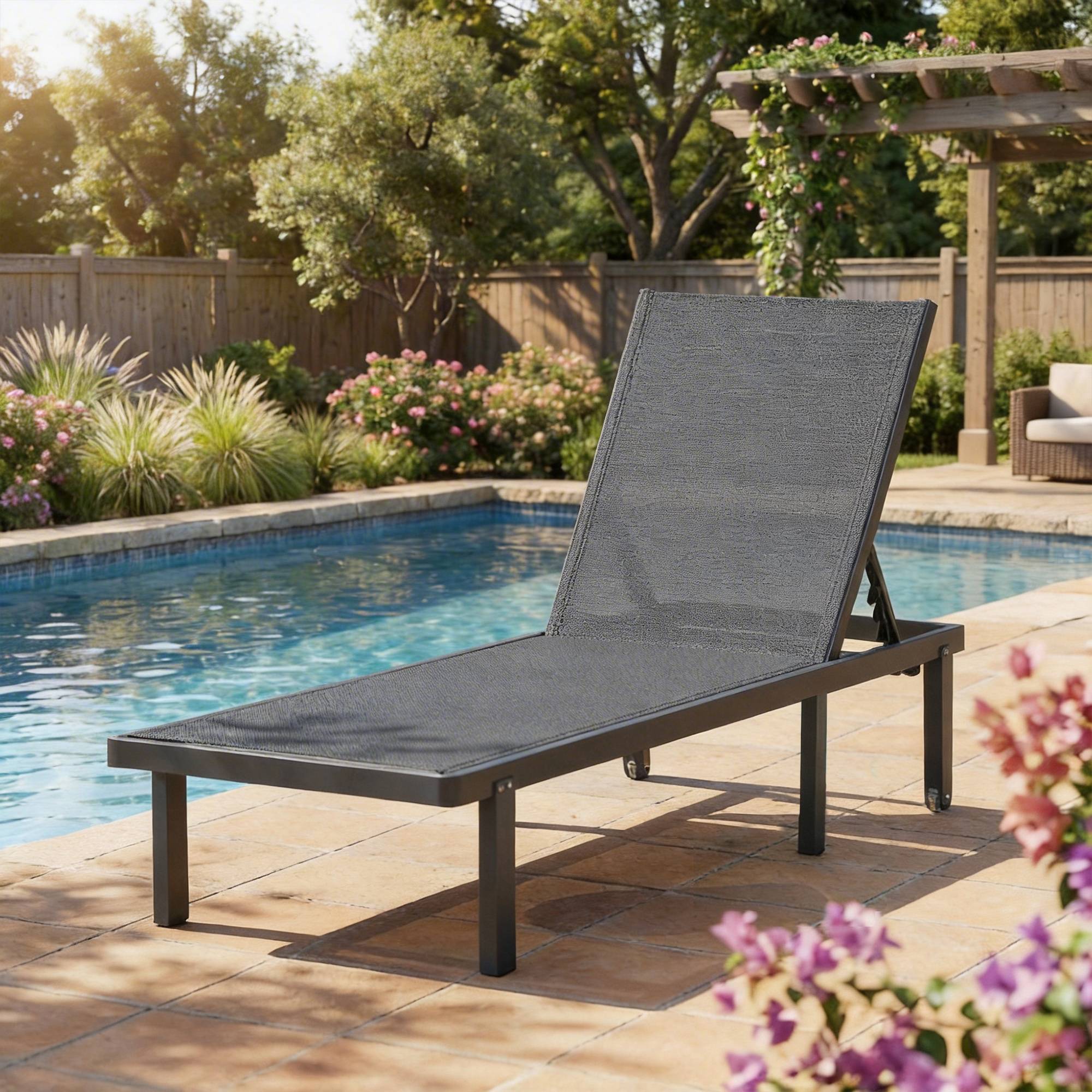 Bain soleil aluminium textilène terrasse piscine inclinable à plat avec roulettes gris foncé - ComfortXL Outdoor Living - Image 4
