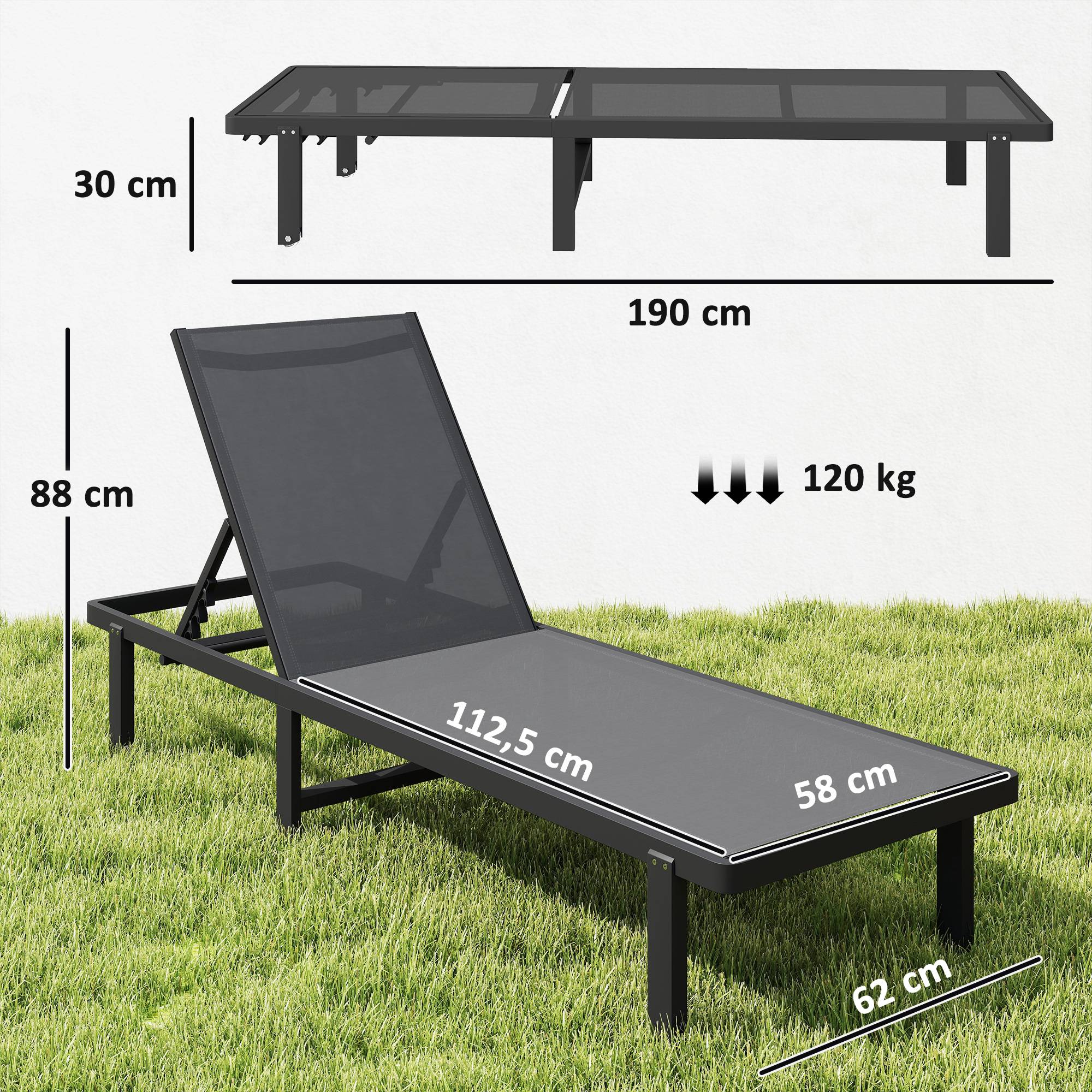Bain soleil aluminium textilène terrasse piscine inclinable à plat avec roulettes gris foncé - ComfortXL Outdoor Living - Image 5