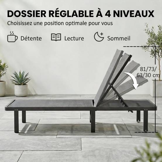 Bain soleil aluminium textilène terrasse piscine inclinable à plat avec roulettes gris foncé - ComfortXL Outdoor Living - Image 6