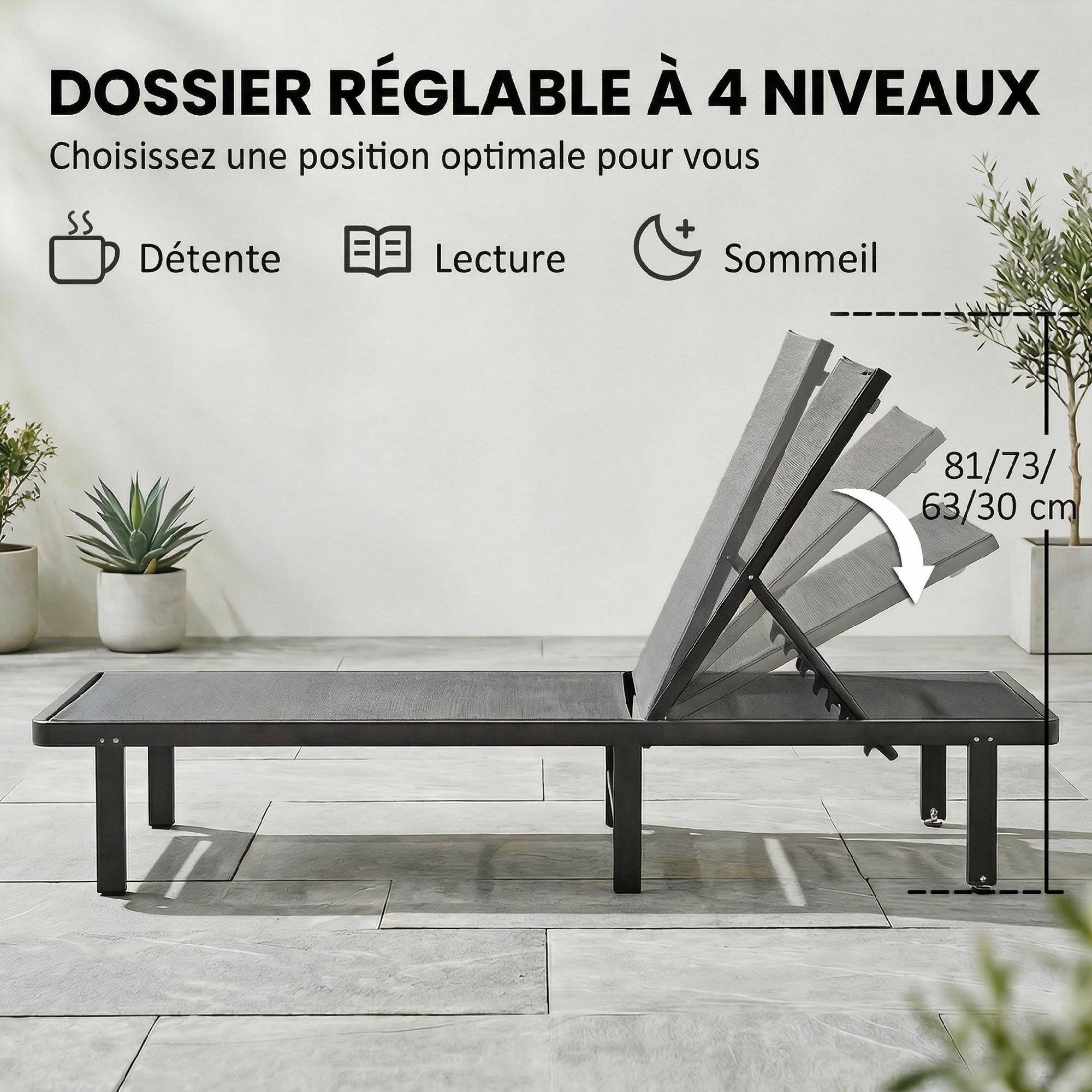 Bain soleil aluminium textilène terrasse piscine inclinable à plat avec roulettes gris foncé - ComfortXL Outdoor Living - Image 6