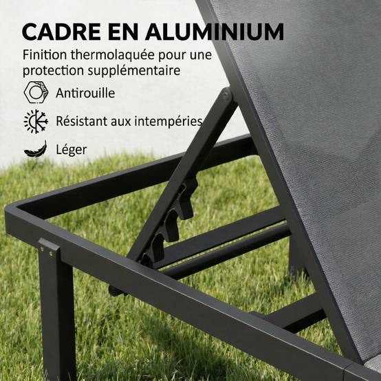 Bain soleil aluminium textilène terrasse piscine inclinable à plat avec roulettes gris foncé - ComfortXL Outdoor Living - Image 7